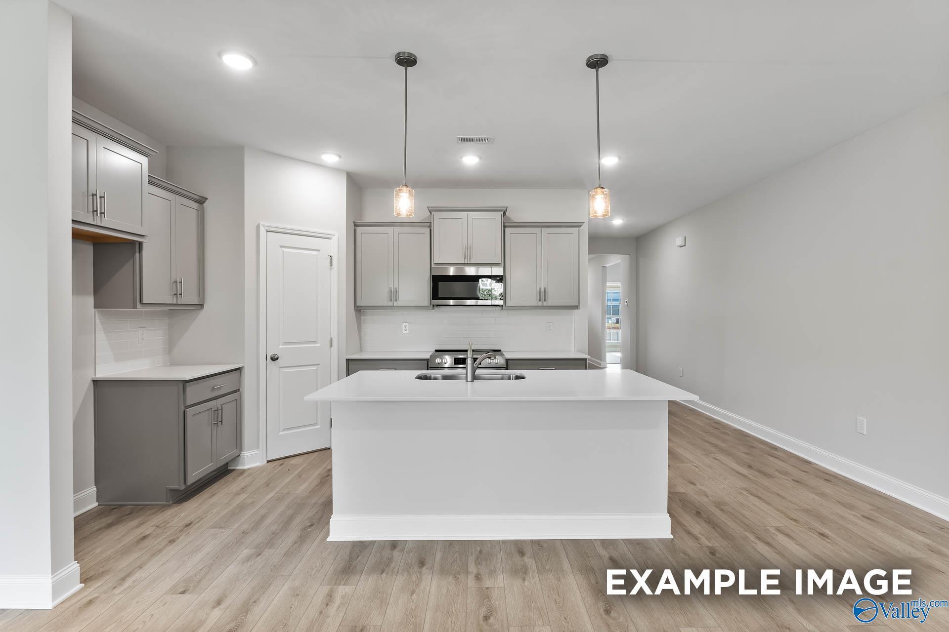 Modern open-concept kitchen with white island, stainless appliances, and pendant lights in The Daphne F by Davidson Homes, Hazel Green, AL