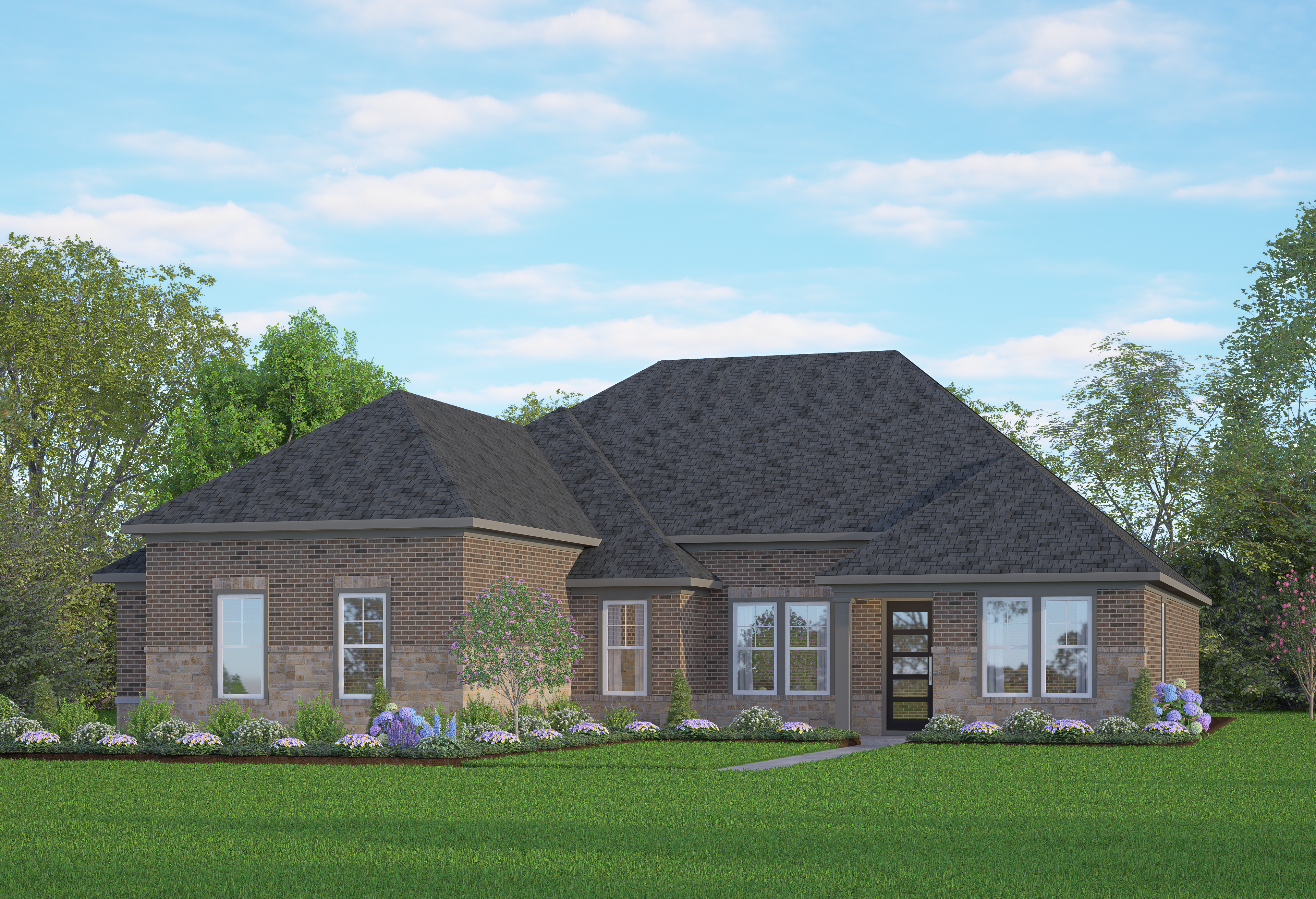 Brick single-story Foster E home by Davidson Homes in Castroville TX, featuring gabled roof, covered entry, and landscaped yard