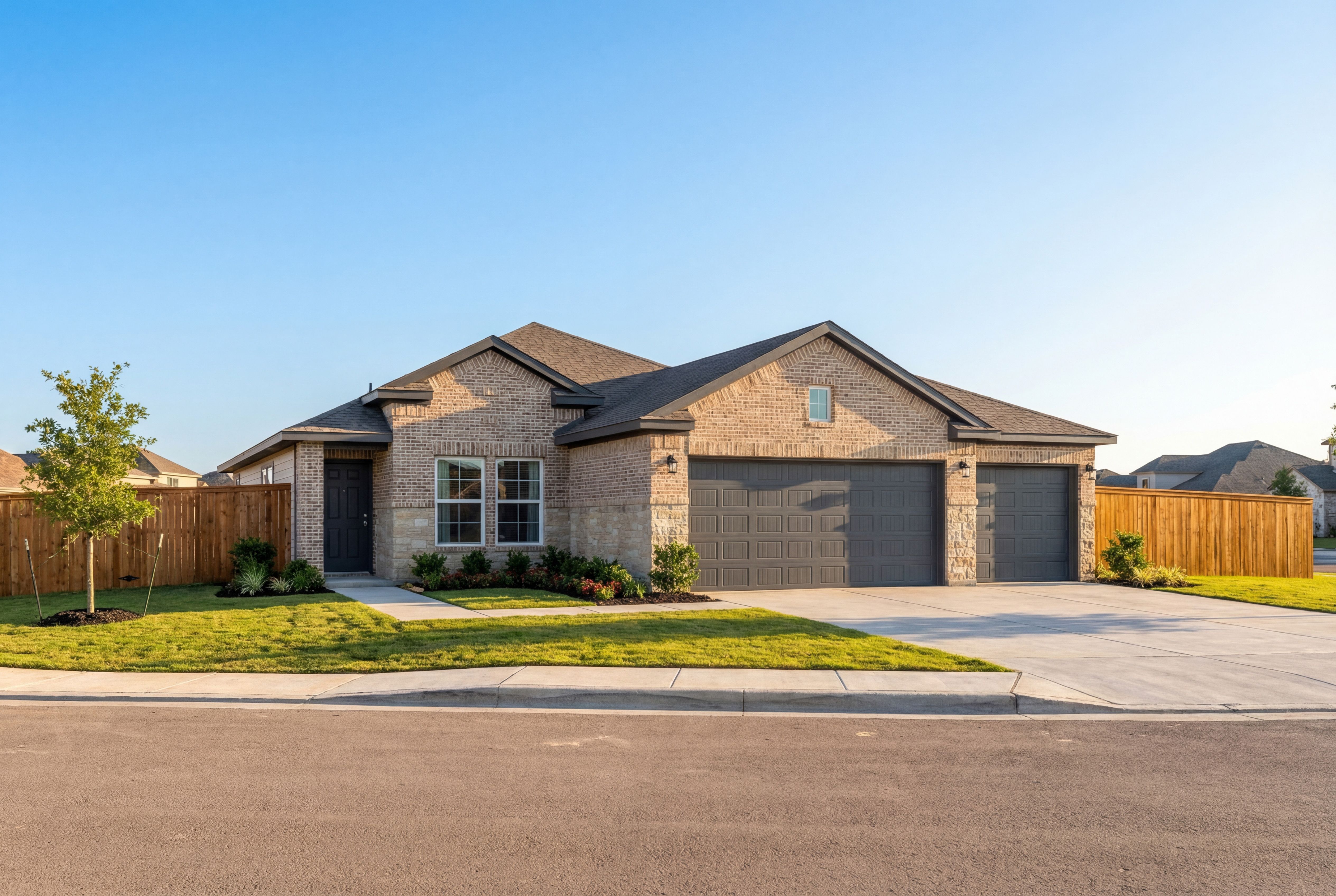 Modern brick facade of The Costa B 1-story home with 3-car garage, master suite, landscaped yard in Dayton, Texas