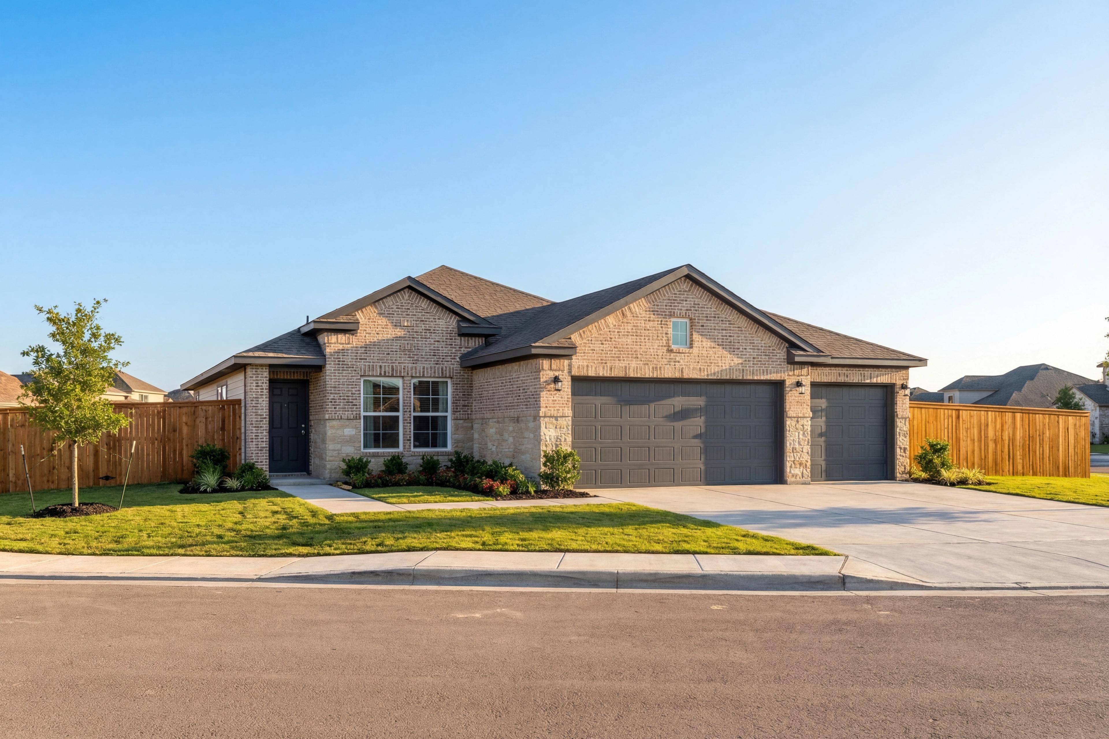 Modern brick facade of The Costa B 1-story home with 3-car garage, master suite, landscaped yard in Dayton, Texas