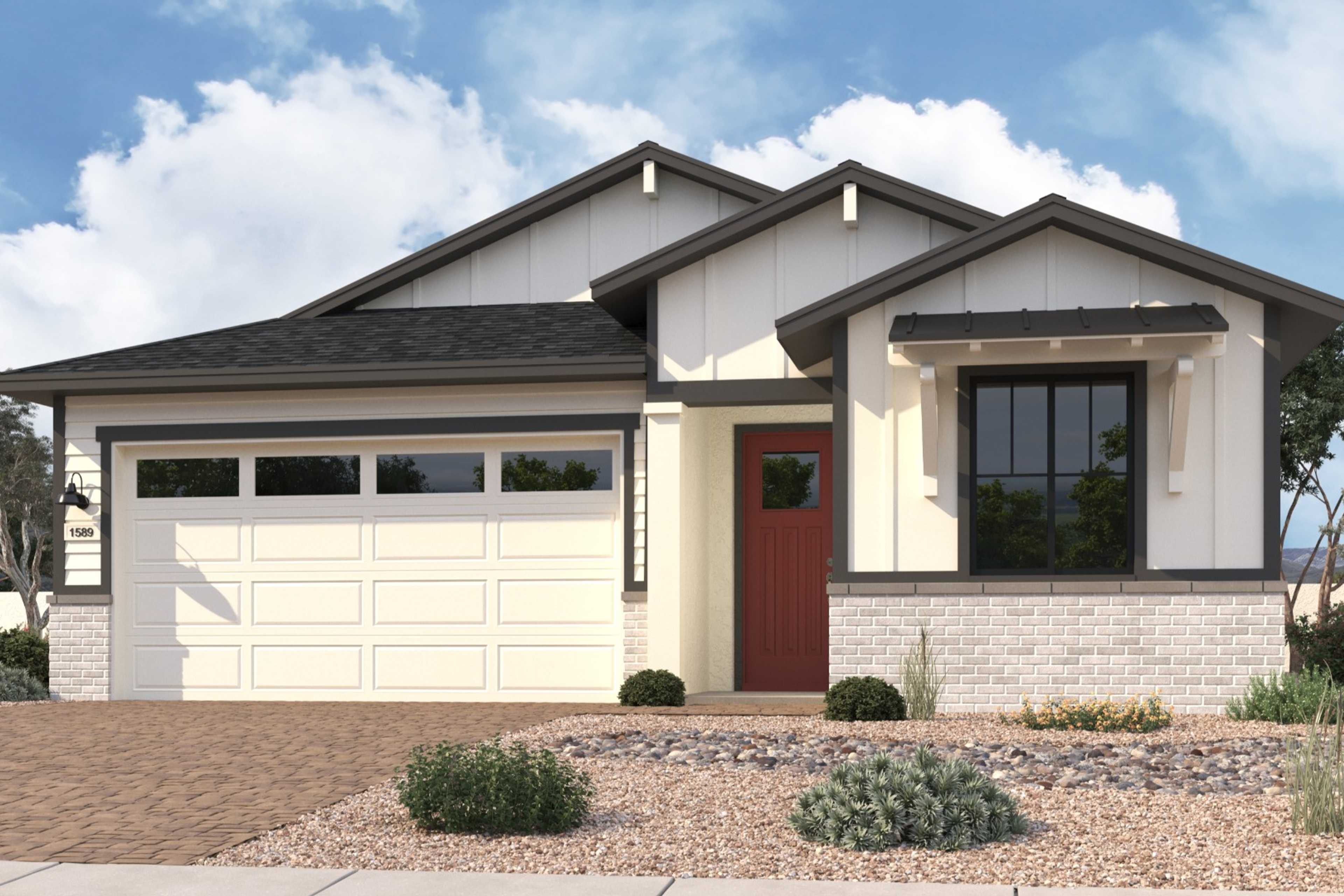 Modern single-story exterior of The Frontier II G by Davidson Homes, featuring 2-car garage, red door, white siding, and desert landscaping in Prescott, AZ
