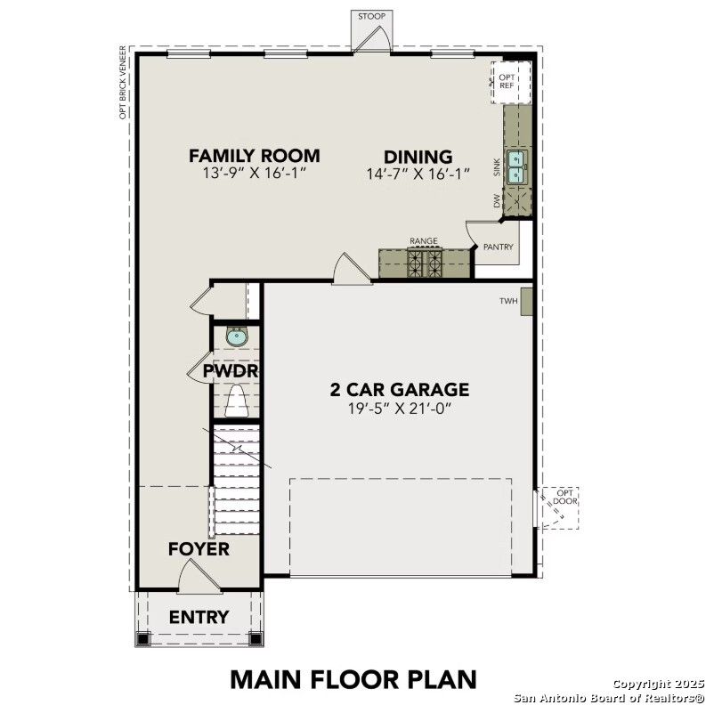 Main floor plan of The Trinity D 4-bedroom home with family room, dining area, kitchen, powder room, and 2-car garage in Applewhite Meadows, San Antonio