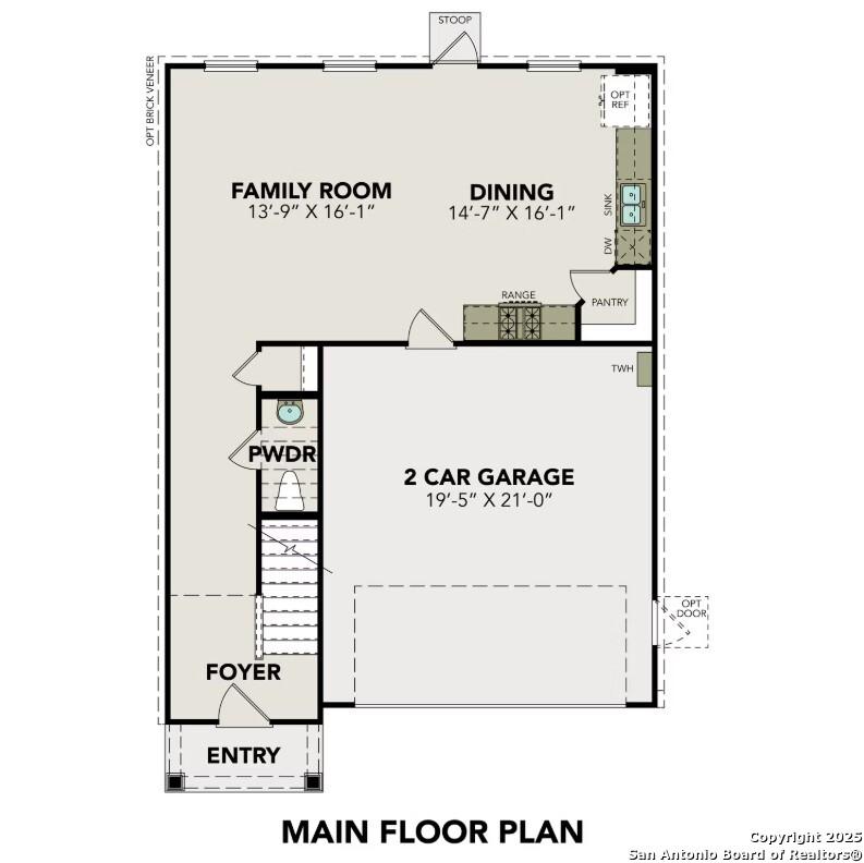 Main floor plan of The Trinity D 4-bedroom home with family room, dining, kitchen, pantry, 2-car garage in Applewhite Meadows, San Antonio