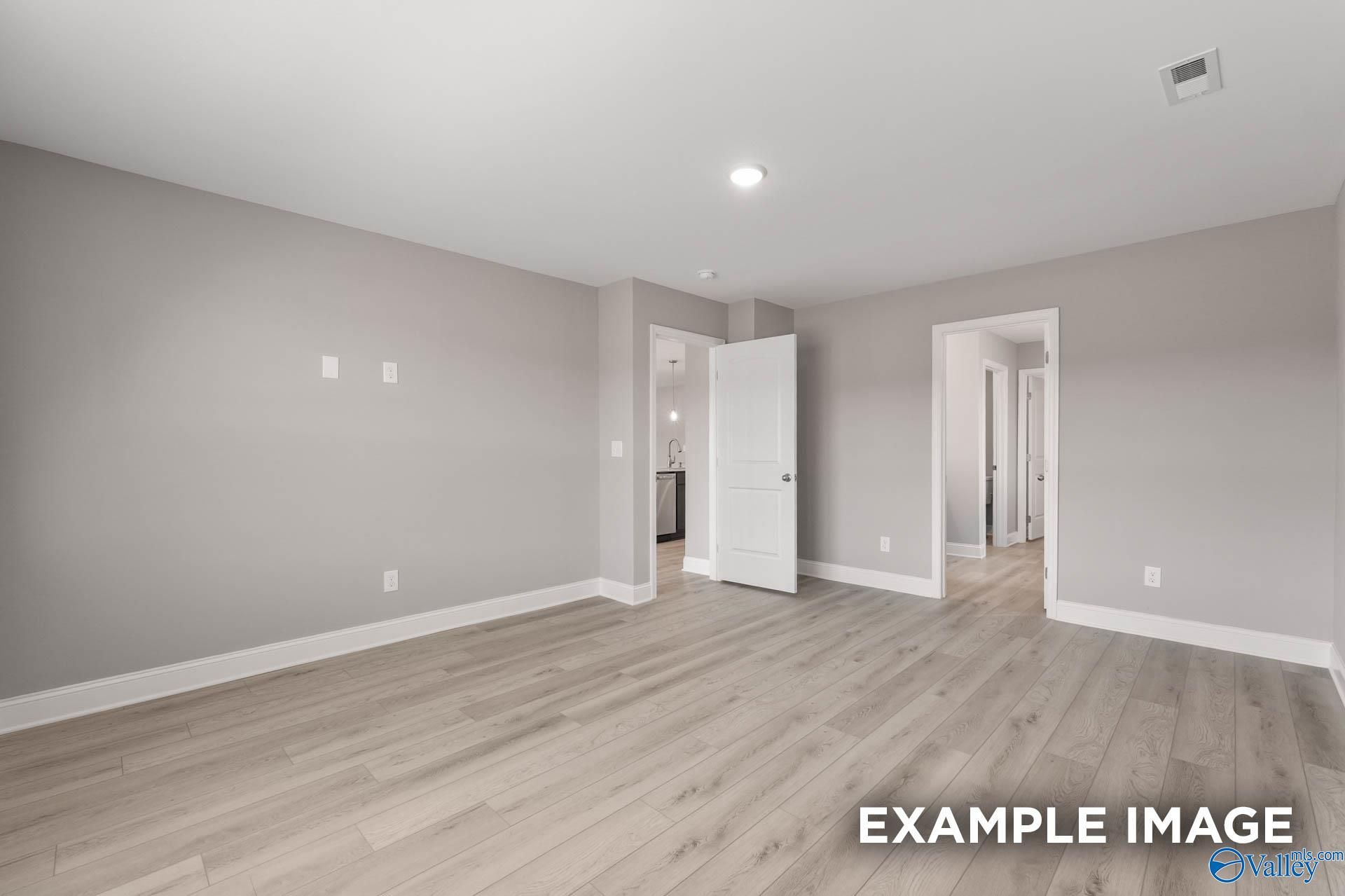 Spacious empty bedroom with light gray walls, oak laminate floors, open doors to bathroom and utility in Everett B home, Toney AL