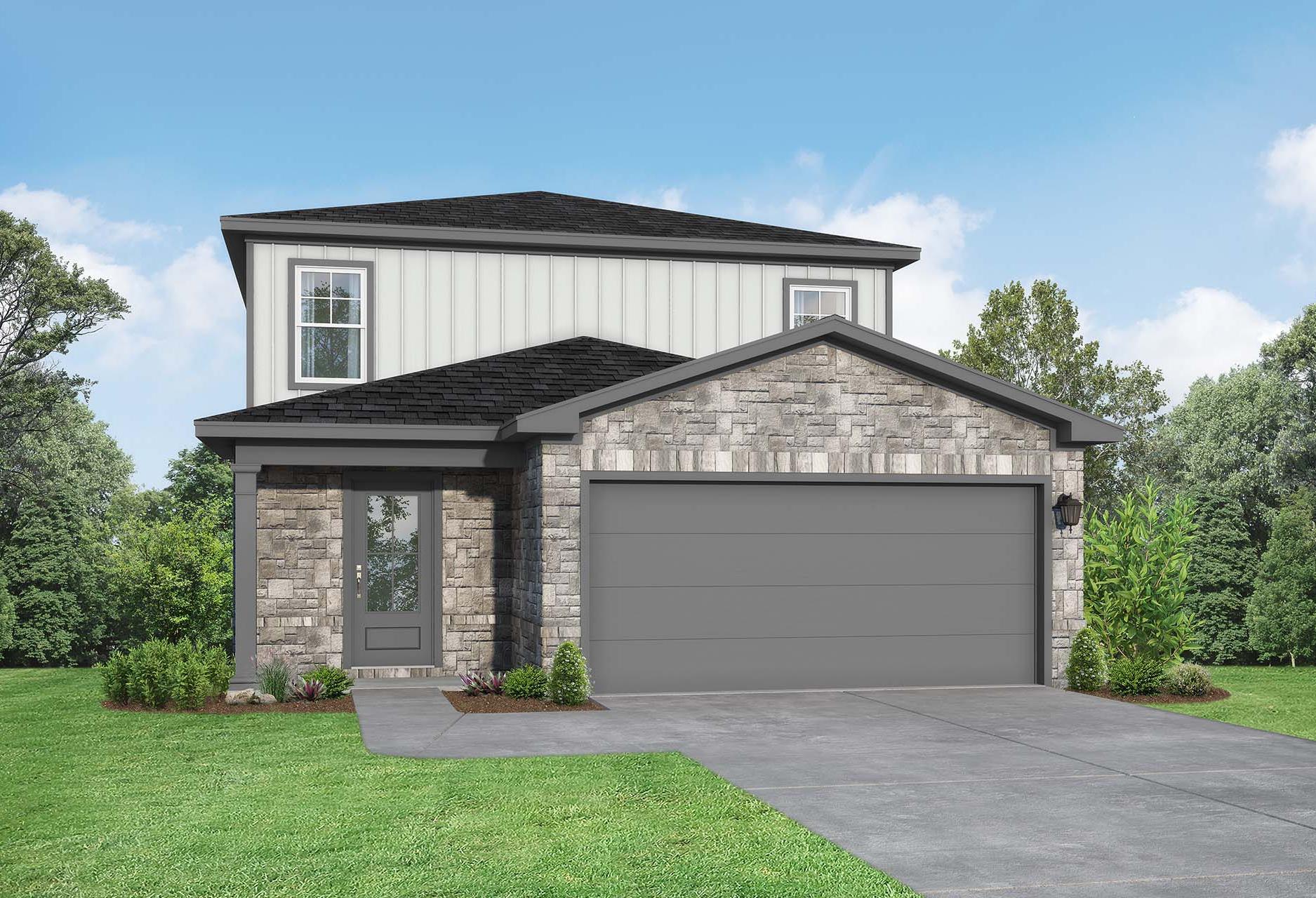 Two-story San Marcos E home elevation with stone accents, white siding, two-car garage, and lush landscaping in Beasley, Texas