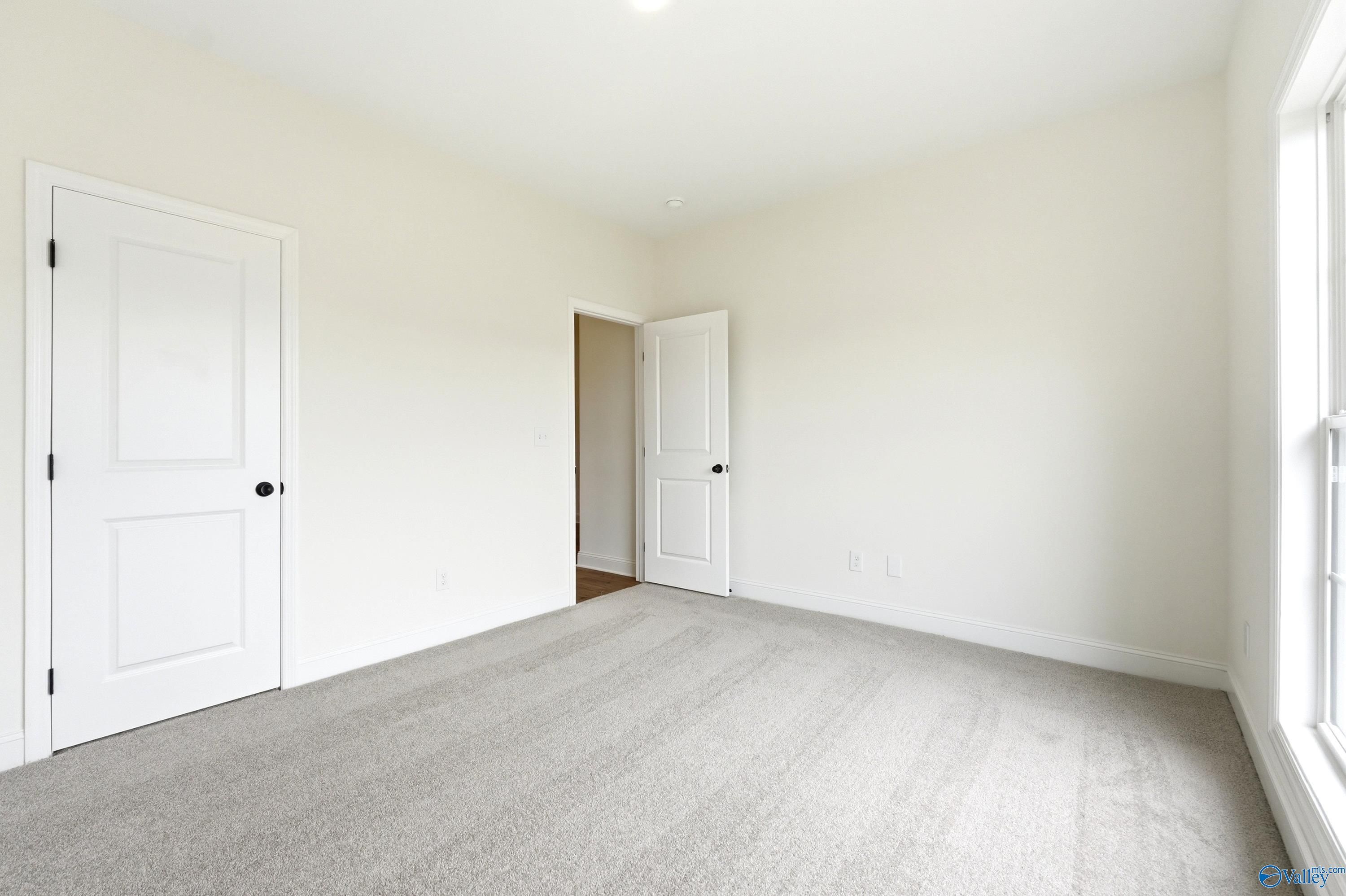 Bright, carpeted bedroom with white walls in The Daphne C floor plan by Davidson Homes in Ivy Hills, Toney, Alabama.