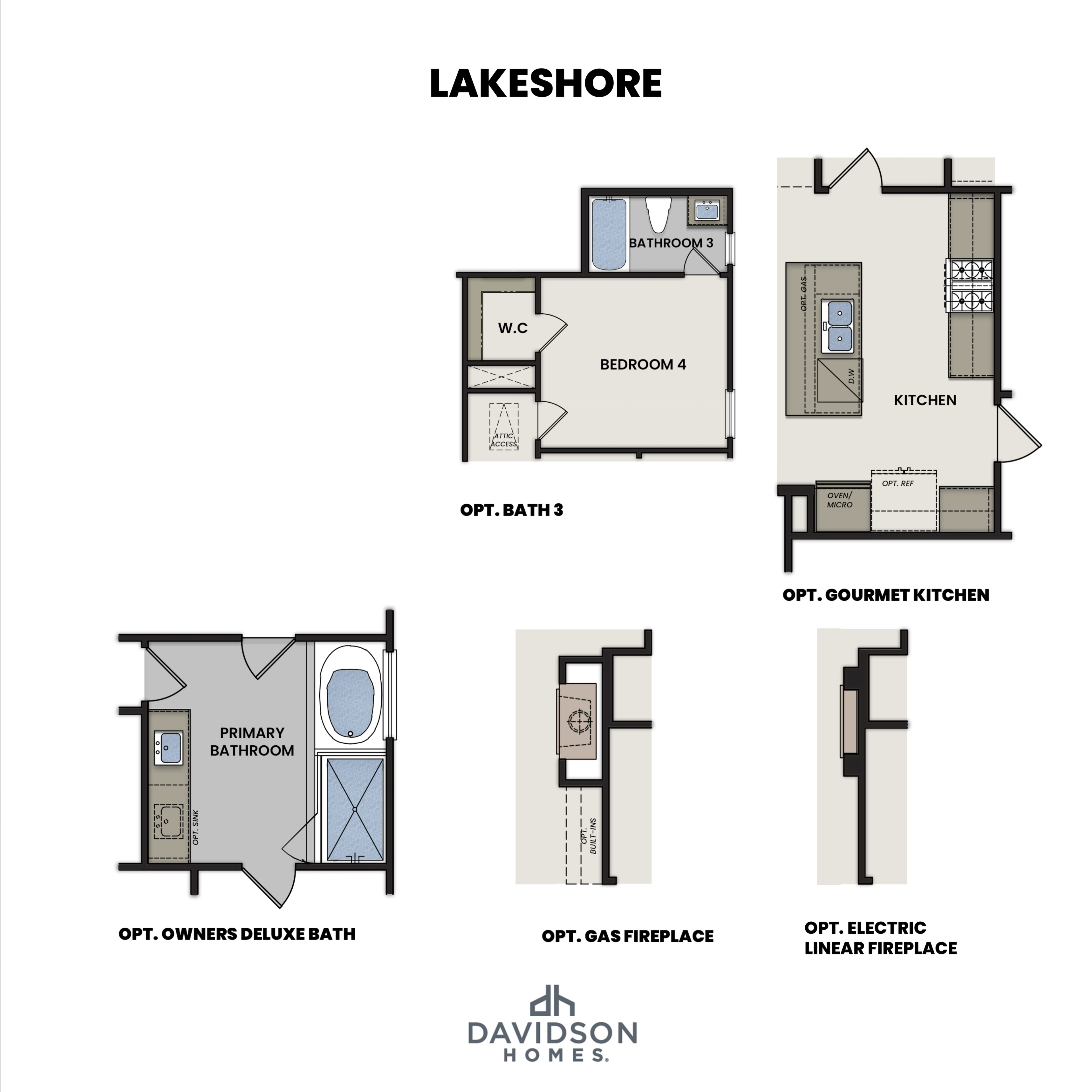 Lakeshore floor plan showcasing 4-bedroom layout, primary deluxe bath, gourmet kitchen, and optional gas or linear electric fireplace by Davidson Homes