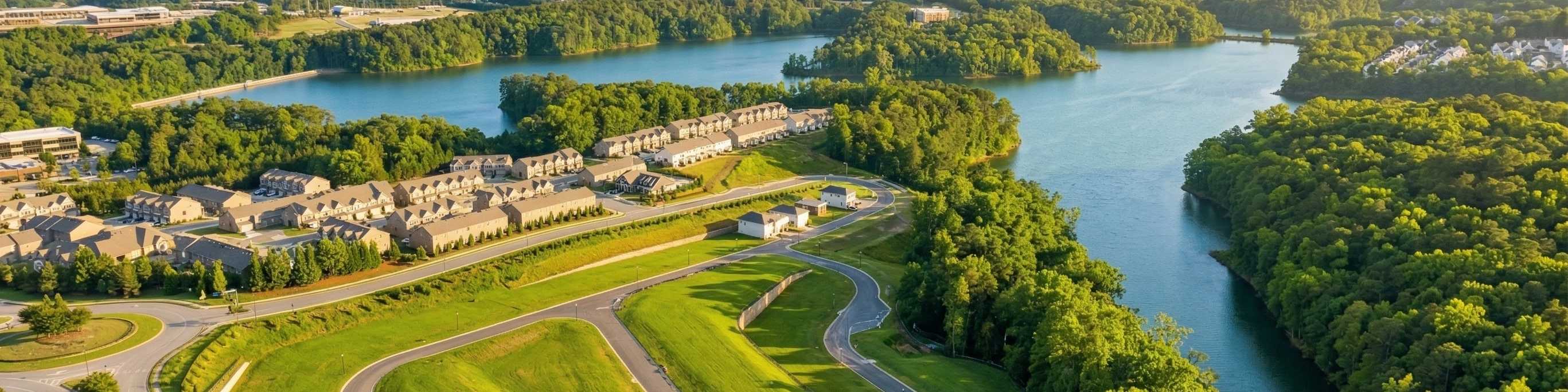 Spacious modern kitchen at The Bluffs in Canton GA by Davidson Homes with white cabinetry, stainless steel appliances, and island bar