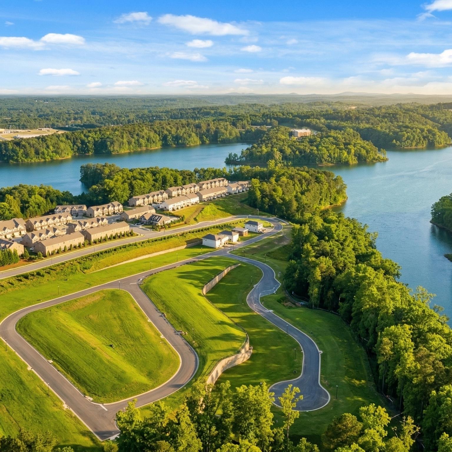 Spacious modern kitchen at The Bluffs in Canton GA by Davidson Homes with white cabinetry, stainless steel appliances, and island bar