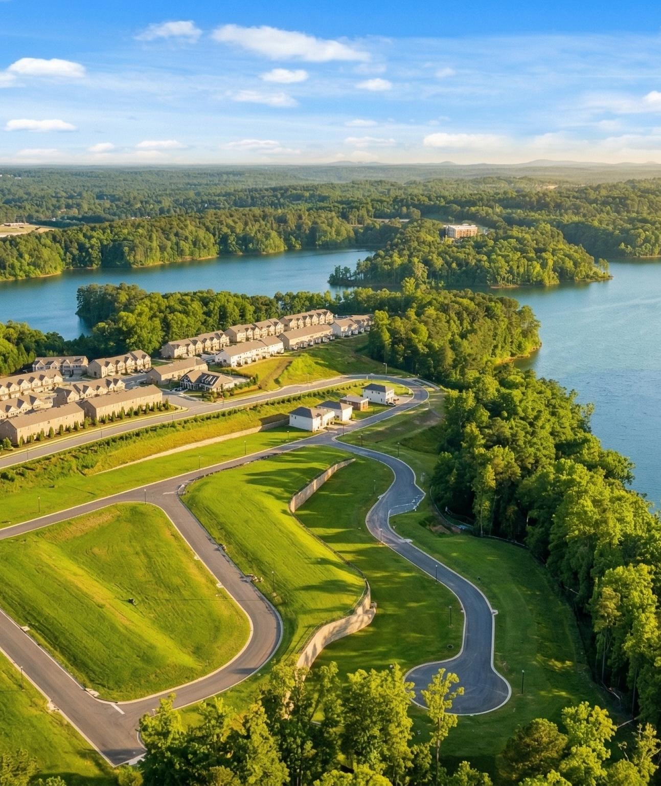 Spacious modern kitchen at The Bluffs in Canton GA by Davidson Homes with white cabinetry, stainless steel appliances, and island bar