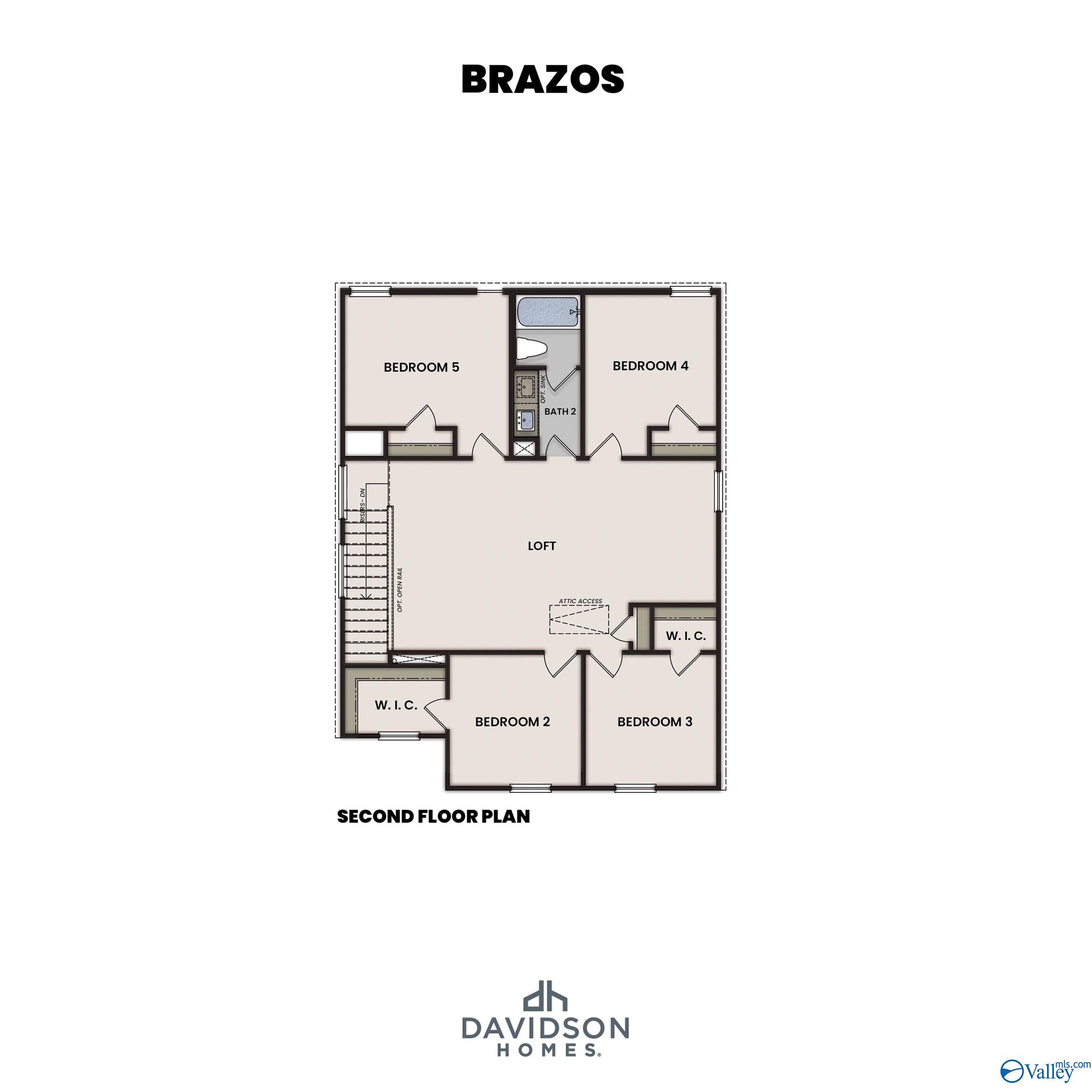 Brazos second floor plan featuring bedrooms 2-5, loft, full bath, and WLC in 5-bedroom Davidson Homes, Meridianville, AL