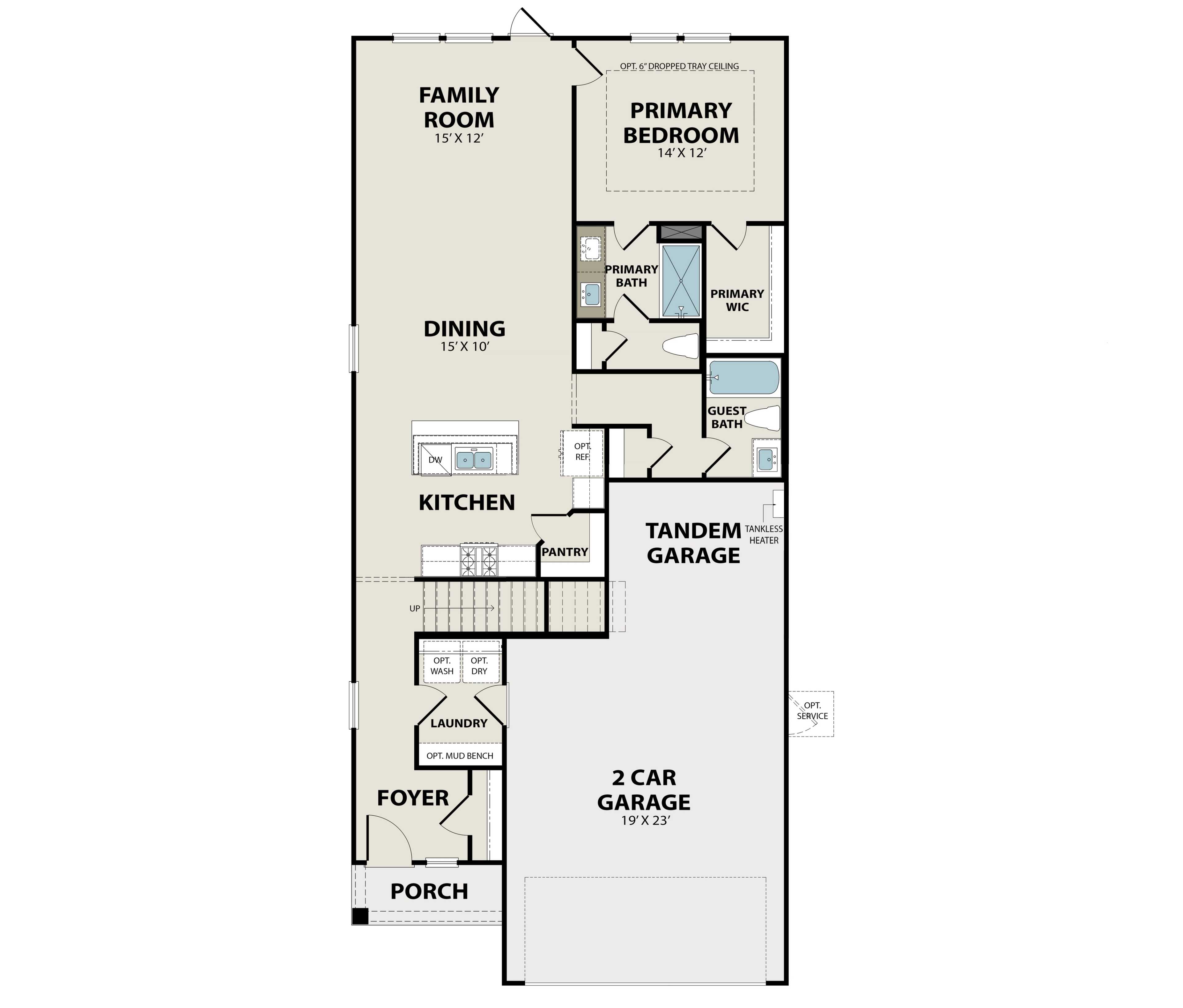 First floor layout of The Rio Grande 4-bedroom home plan with primary suite, open kitchen, dining, and tandem 3-car garage