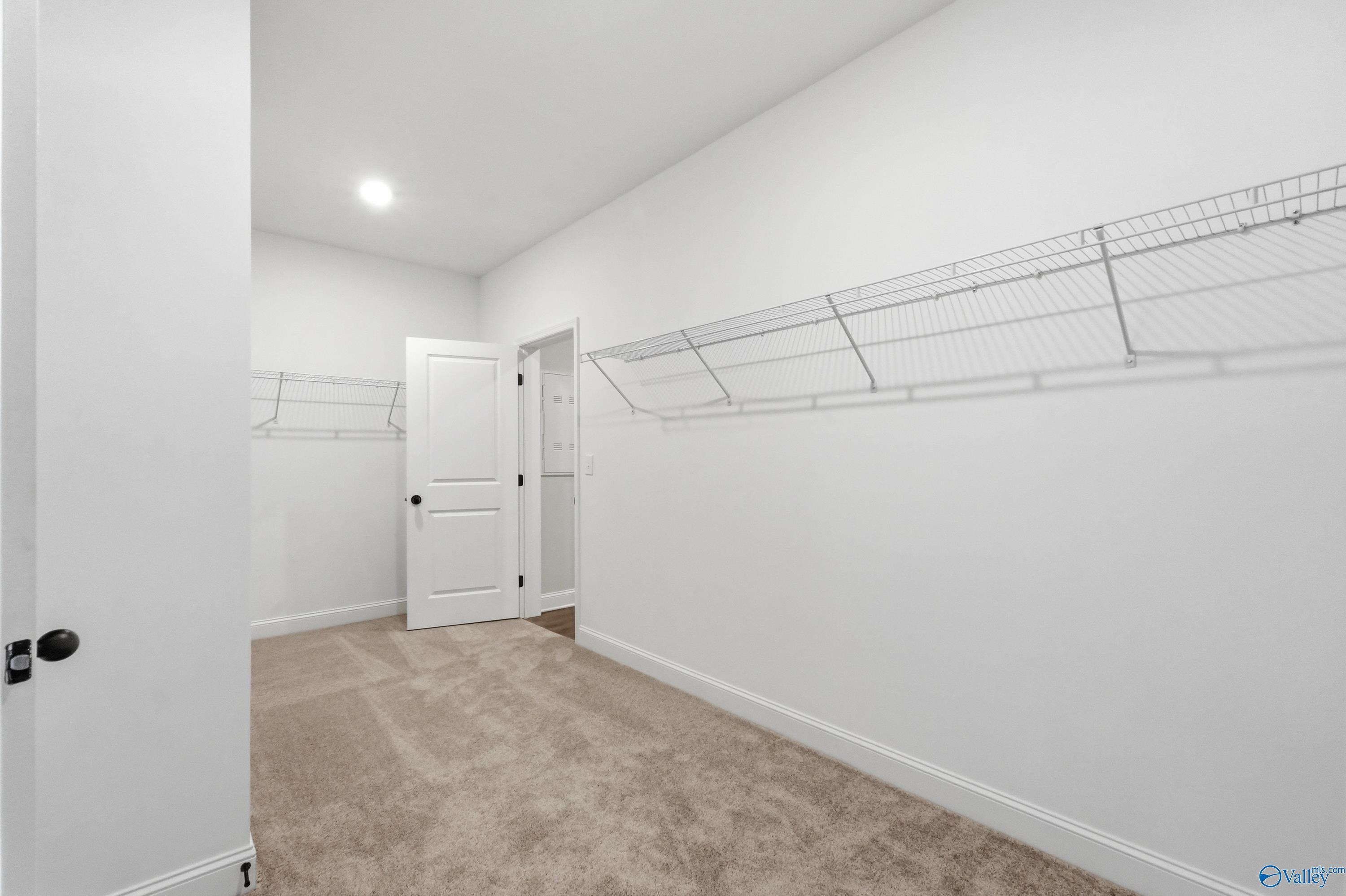 Spacious walk-in closet with wire shelving, white walls, and beige carpet in Davidson Homes The Rockford B, Athens, Alabama