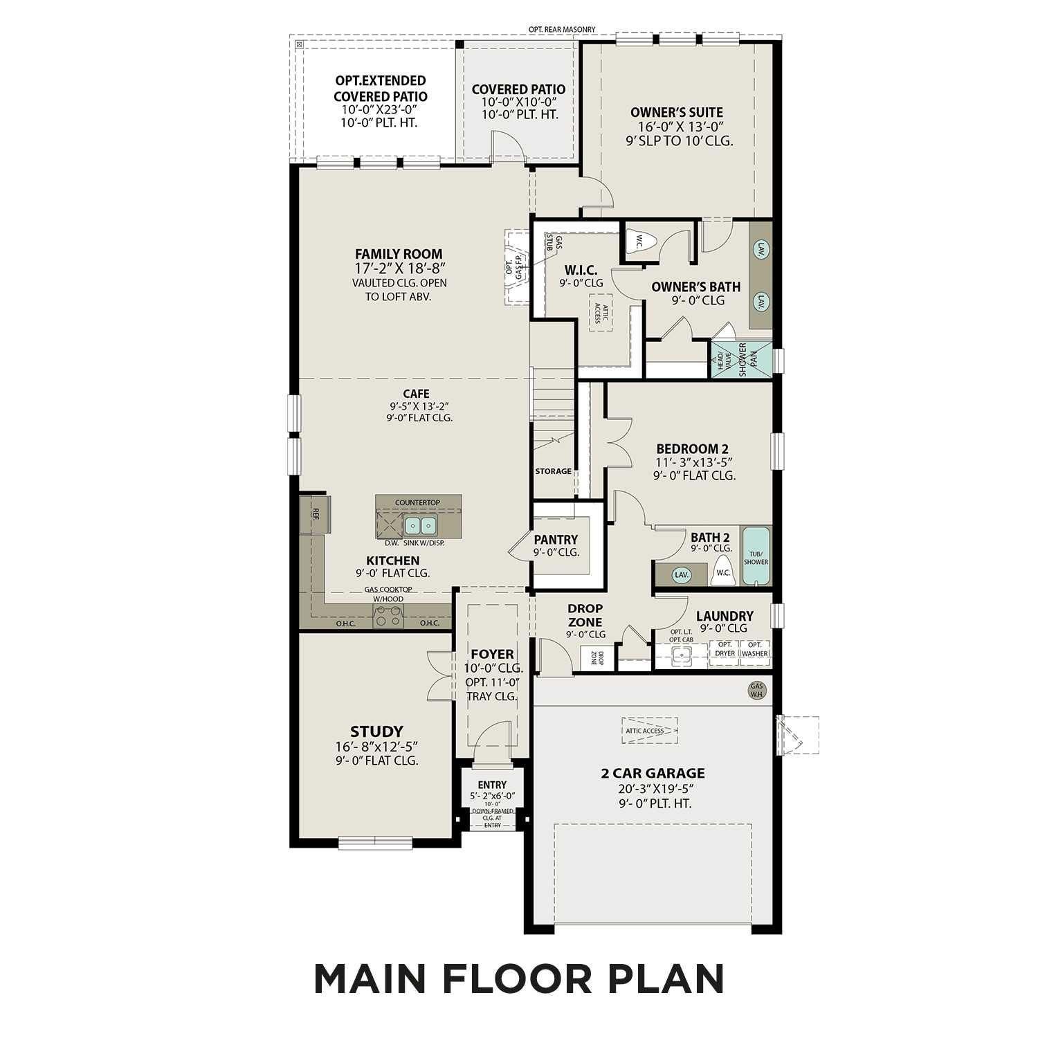 Main floor plan of The Zion A 3-bedroom home: family room, open kitchen, study, 3-car garage in Lago Mar, Texas City