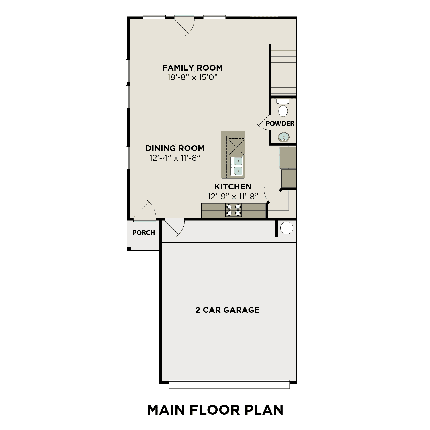 First floor plan of The Lily A featuring open family room, dining area, kitchen, powder room, covered porch, and 2-car garage