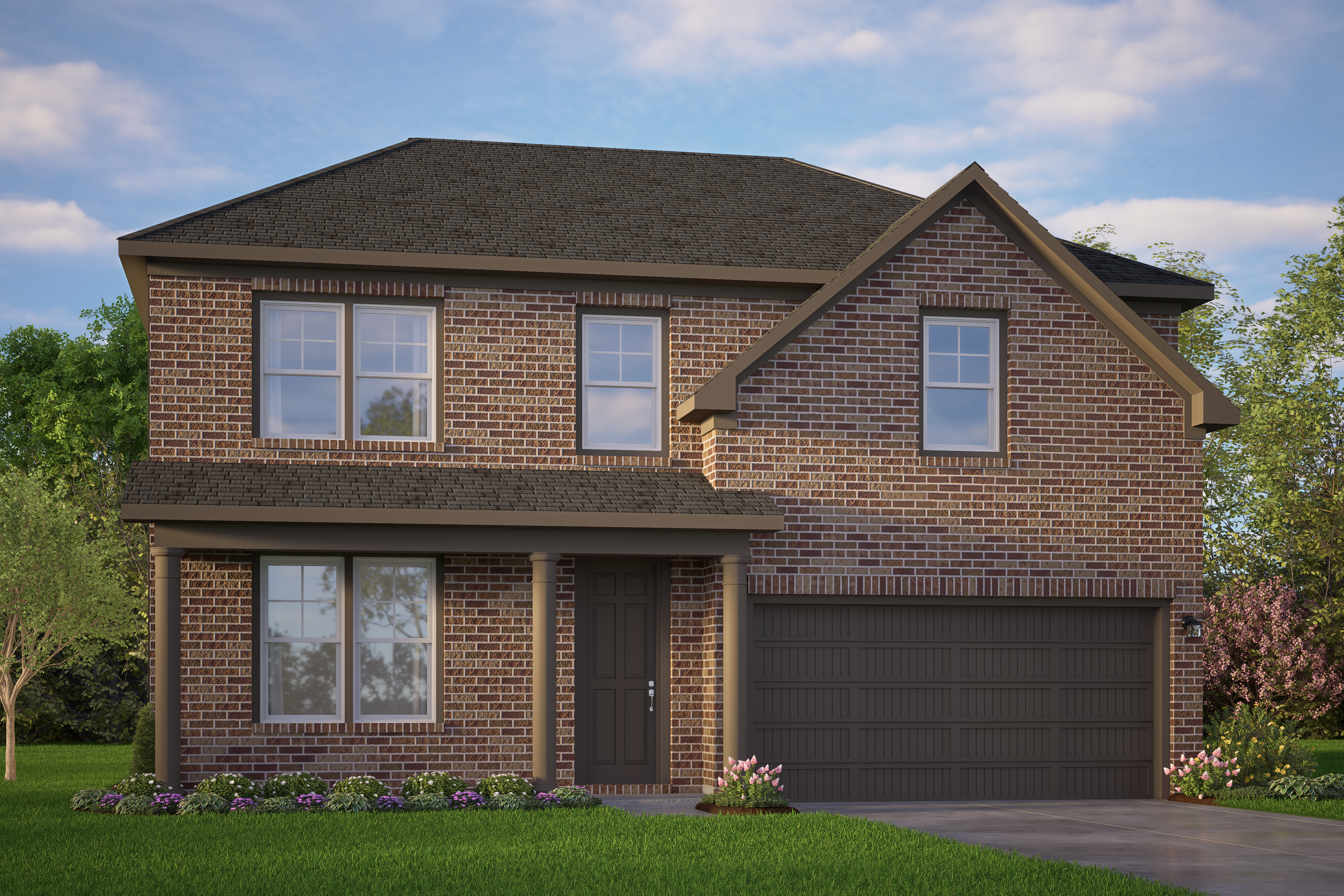 Two-story brick exterior of The Murray K home design by Davidson Homes, featuring 2-car garage, front porch, and landscaped yard