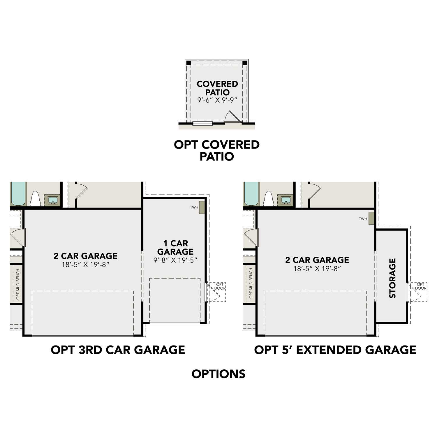 Optional garage and patio options for The Frio F home in Magnolia TX, featuring 2-car garage, 3rd car extension, 5-ft extension, and covered patio