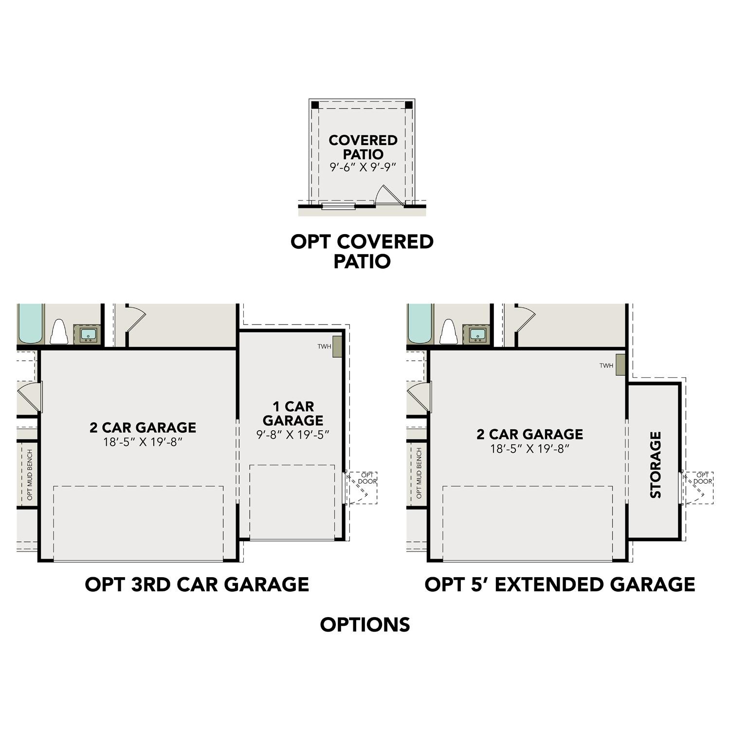 Optional garage and patio options for The Frio F home in Magnolia TX, featuring 2-car garage, 3rd car extension, 5-ft extension, and covered patio