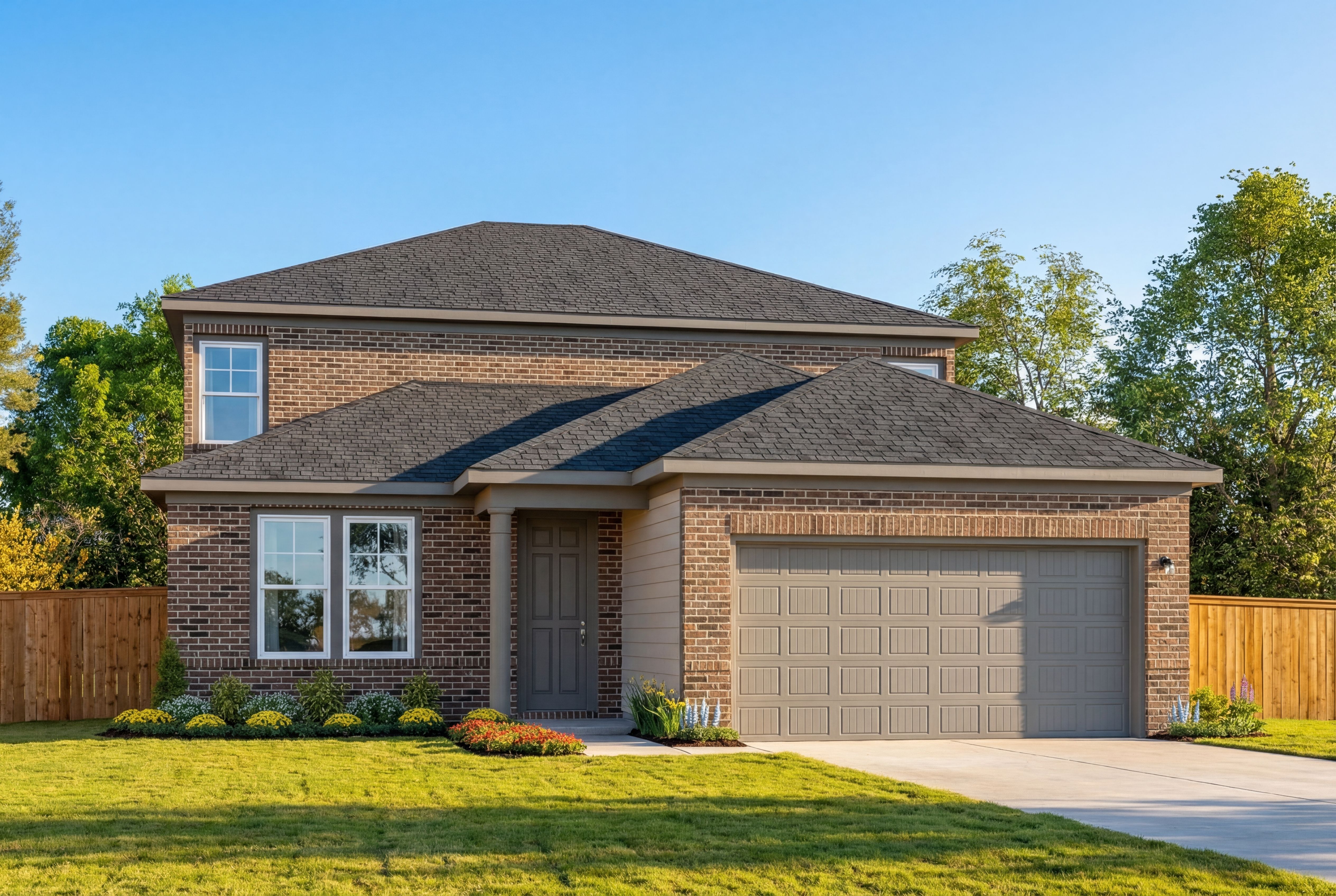 Two-story brick Douglas E home with dark shingle roof, two-car garage, and landscaped yard in San Antonio
