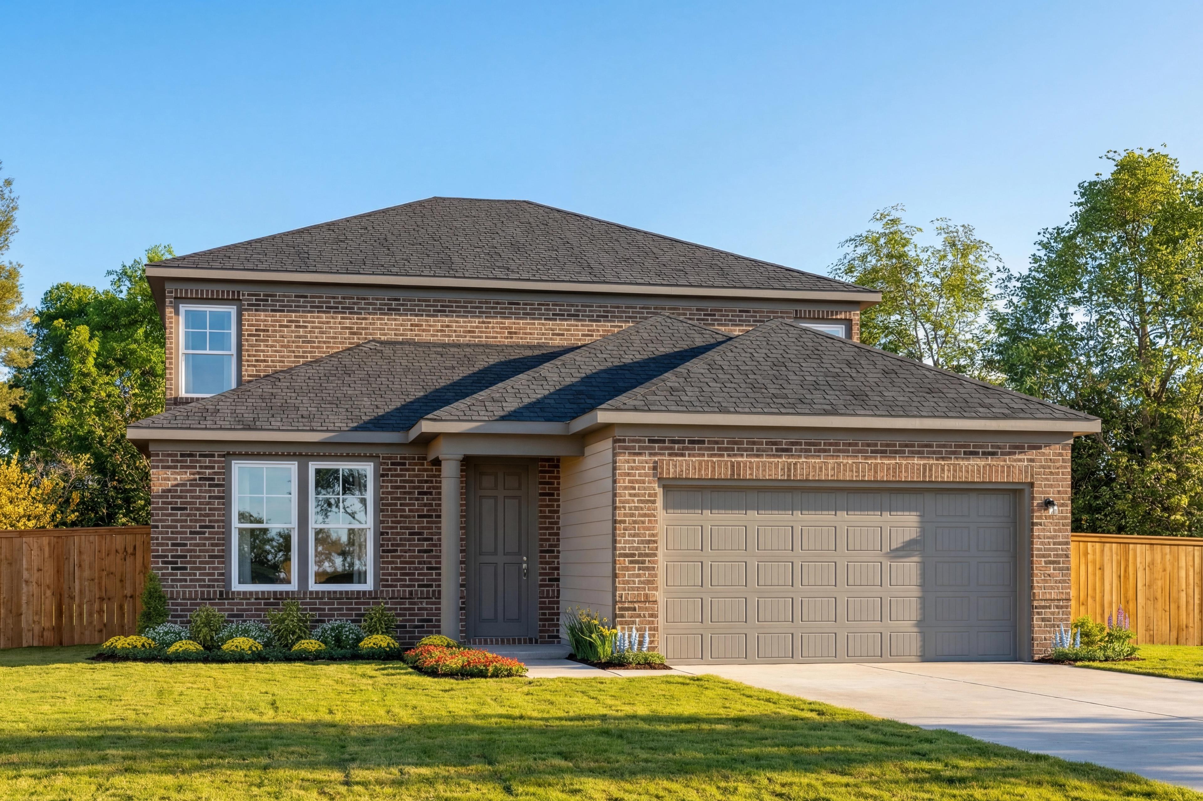 Two-story brick Douglas E home with dark shingle roof, two-car garage, and landscaped yard in San Antonio