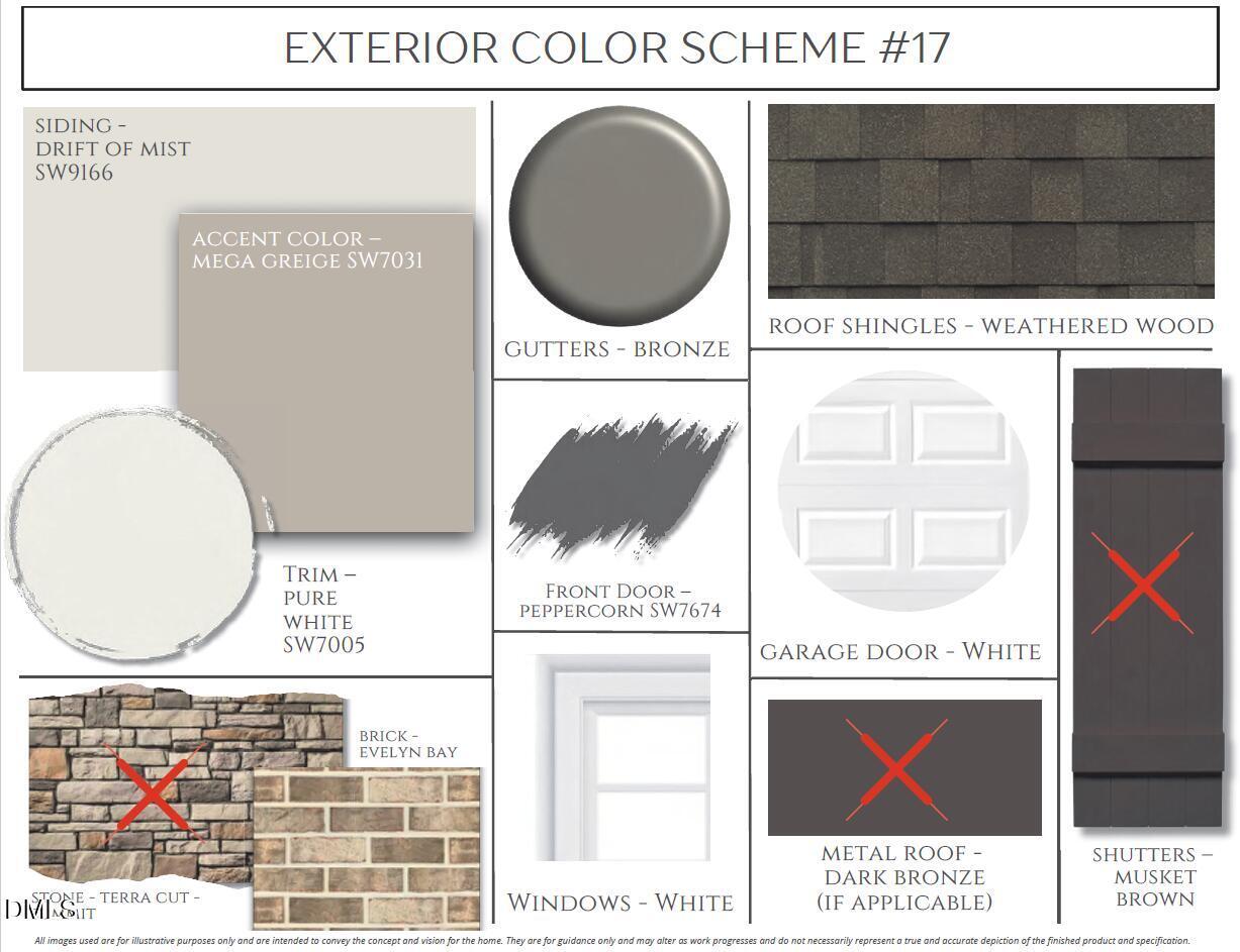 Exterior color scheme #17 featuring mega greige siding, pure white trim, brick clay accents, and weathered wood roof for Davidson Homes The Birch II E in Wake Forest, NC