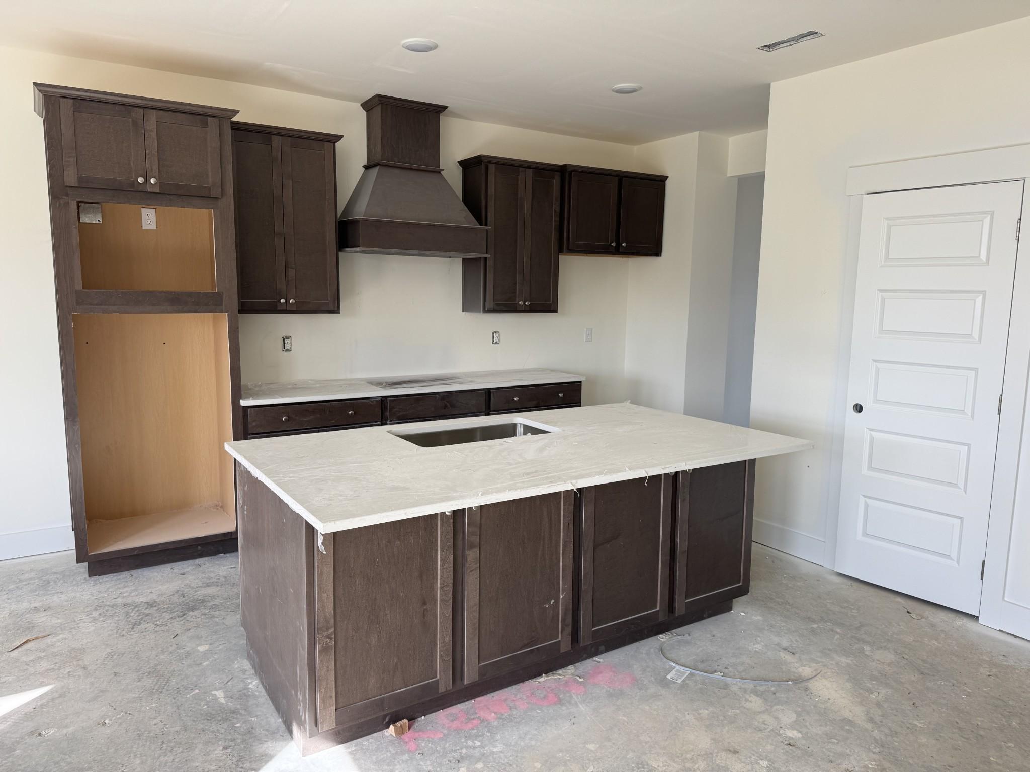 Modern kitchen featuring dark wood cabinets, white quartz island with sink, and range hood in Davidson Homes The Willow C, Gallatin, TN
