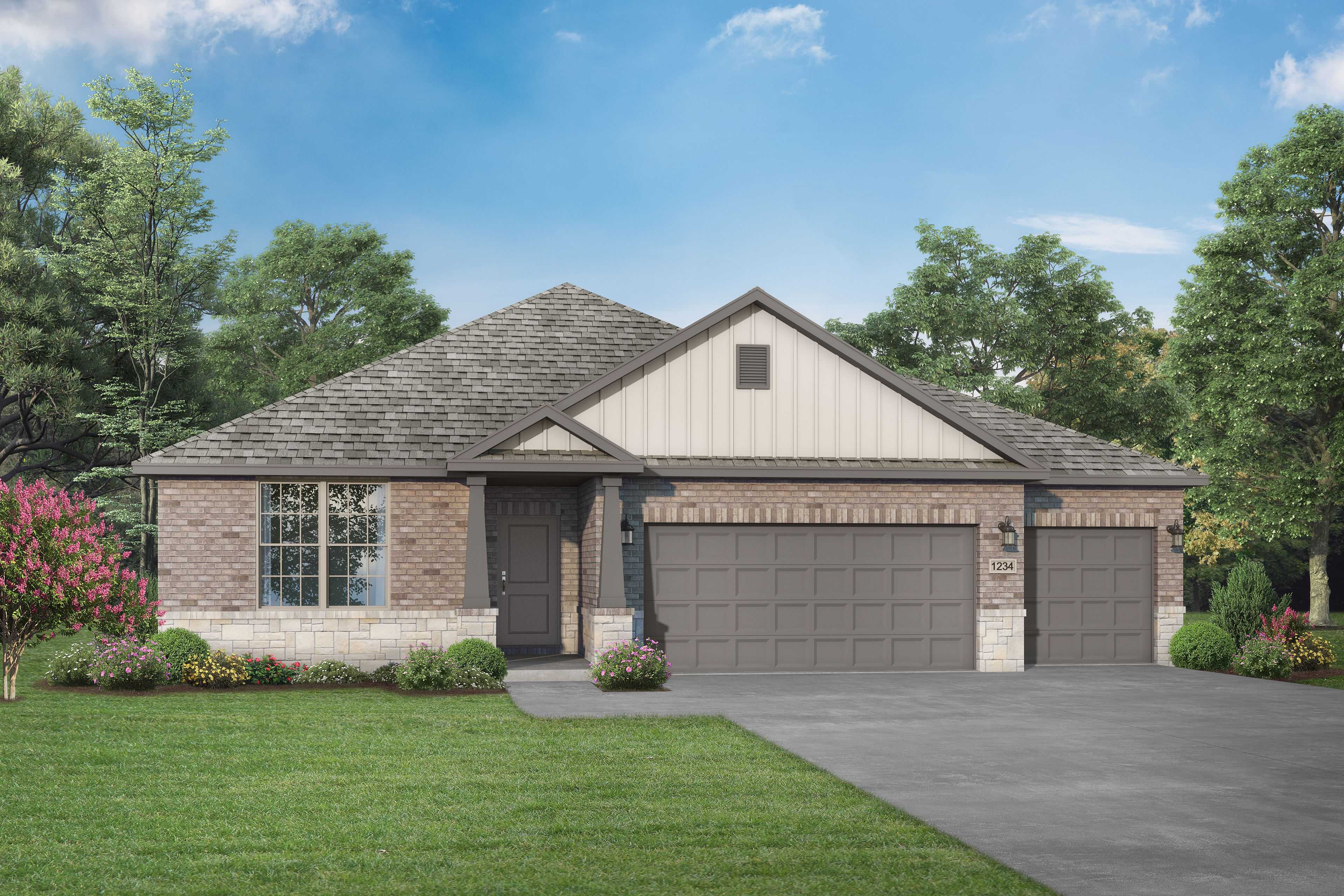 Modern elevation of The Daphne G single-story home with 3-car garage, brick siding, and lush landscaping in Dayton, Texas