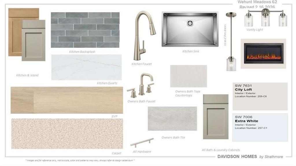 Kitchen design mood board with gray subway tile backsplash, white quartz counters, stainless sink, shaker cabinets in Davidson Homes Hickory C