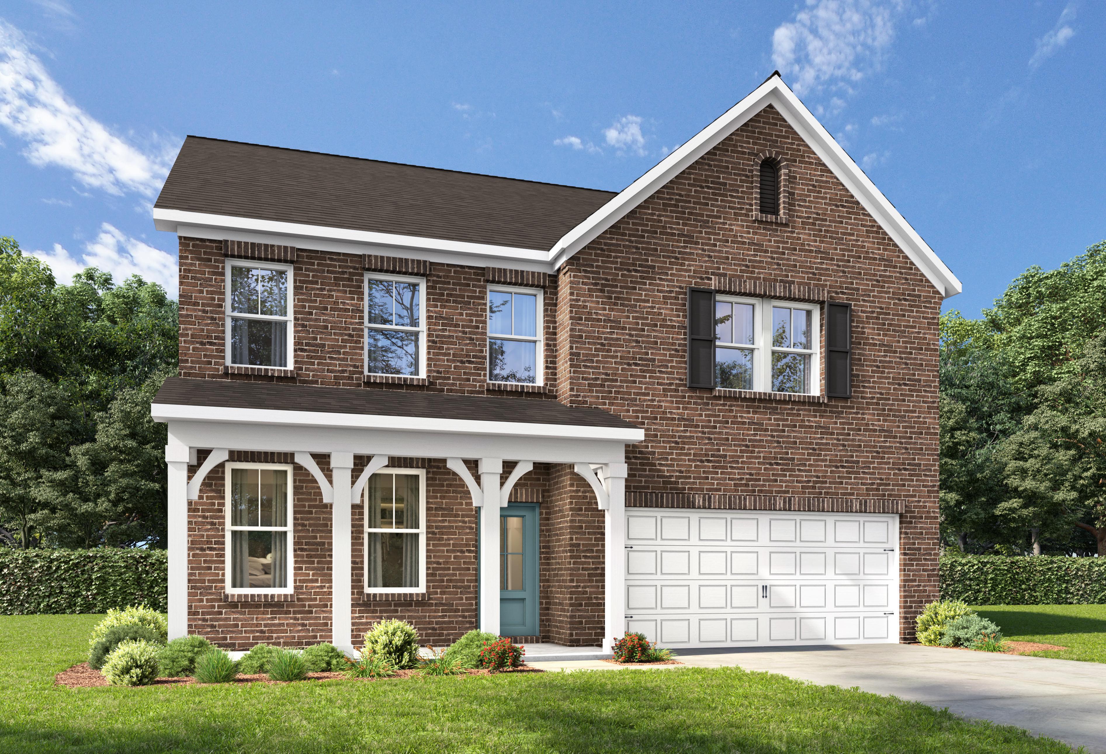 Two-story Beech F home design by Davidson Homes featuring a classic brick exterior and a spacious two-car garage.