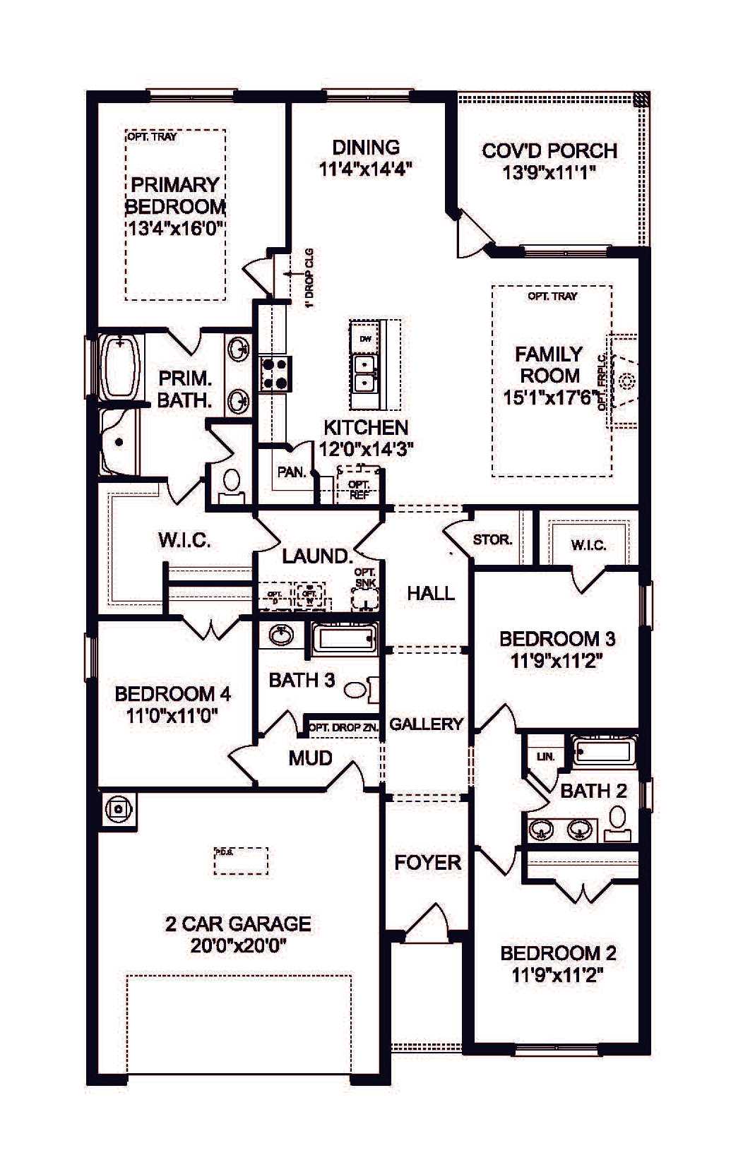 Everett V 4-bedroom floor plan with primary suite, open kitchen-family room, 2-car garage in 2,136 sq ft single-story home