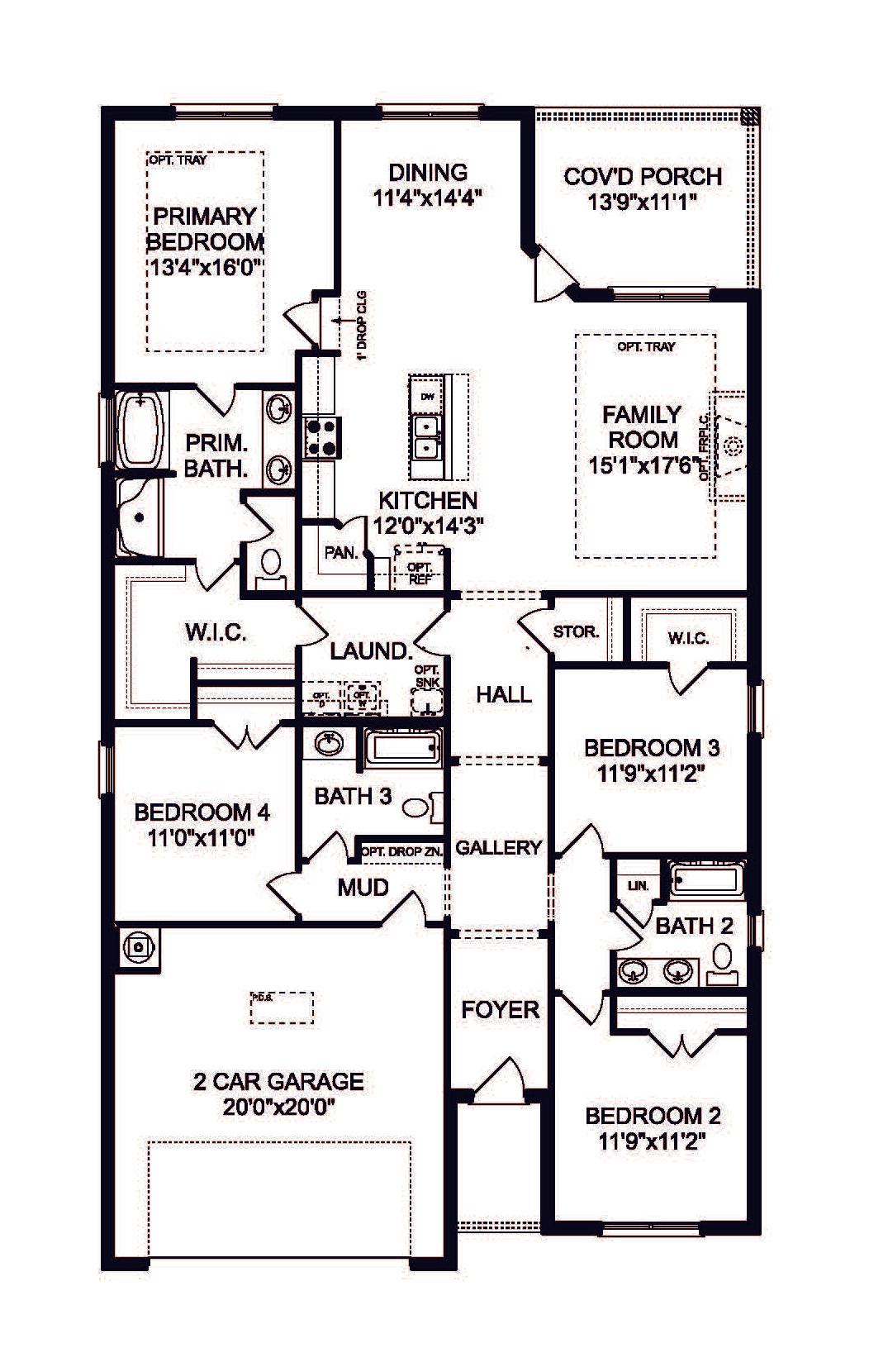 Everett V 4-bedroom floor plan with primary suite, open kitchen-family room, 2-car garage in 2,136 sq ft single-story home