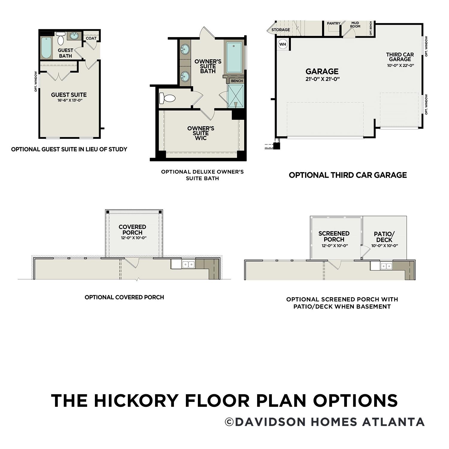 The Hickory floor plan options by Davidson Homes: guest suite, deluxe owner's bath, third car garage, covered porch, screened deck