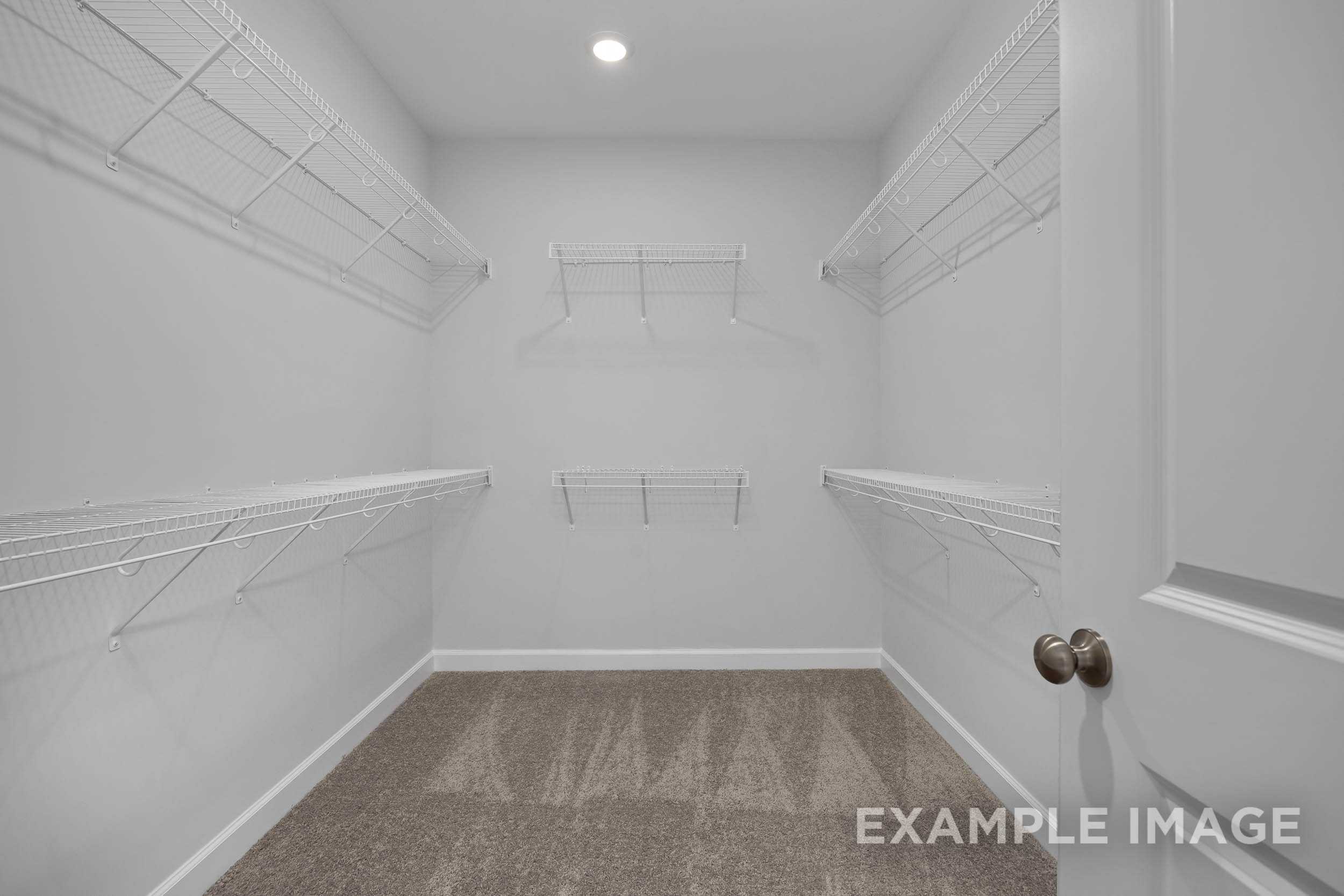 Spacious walk-in closet in The Ash master suite with white wire shelving, carpeted floor, and brass door knob