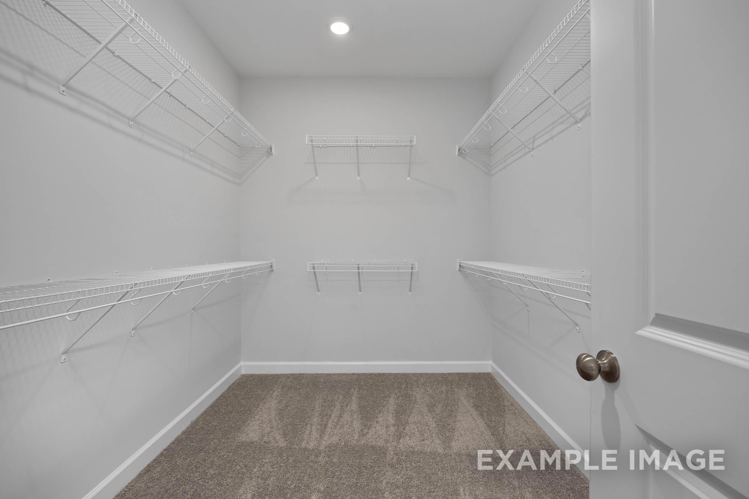 Spacious walk-in closet in The Ash master suite with white wire shelving, carpeted floor, and brass door knob