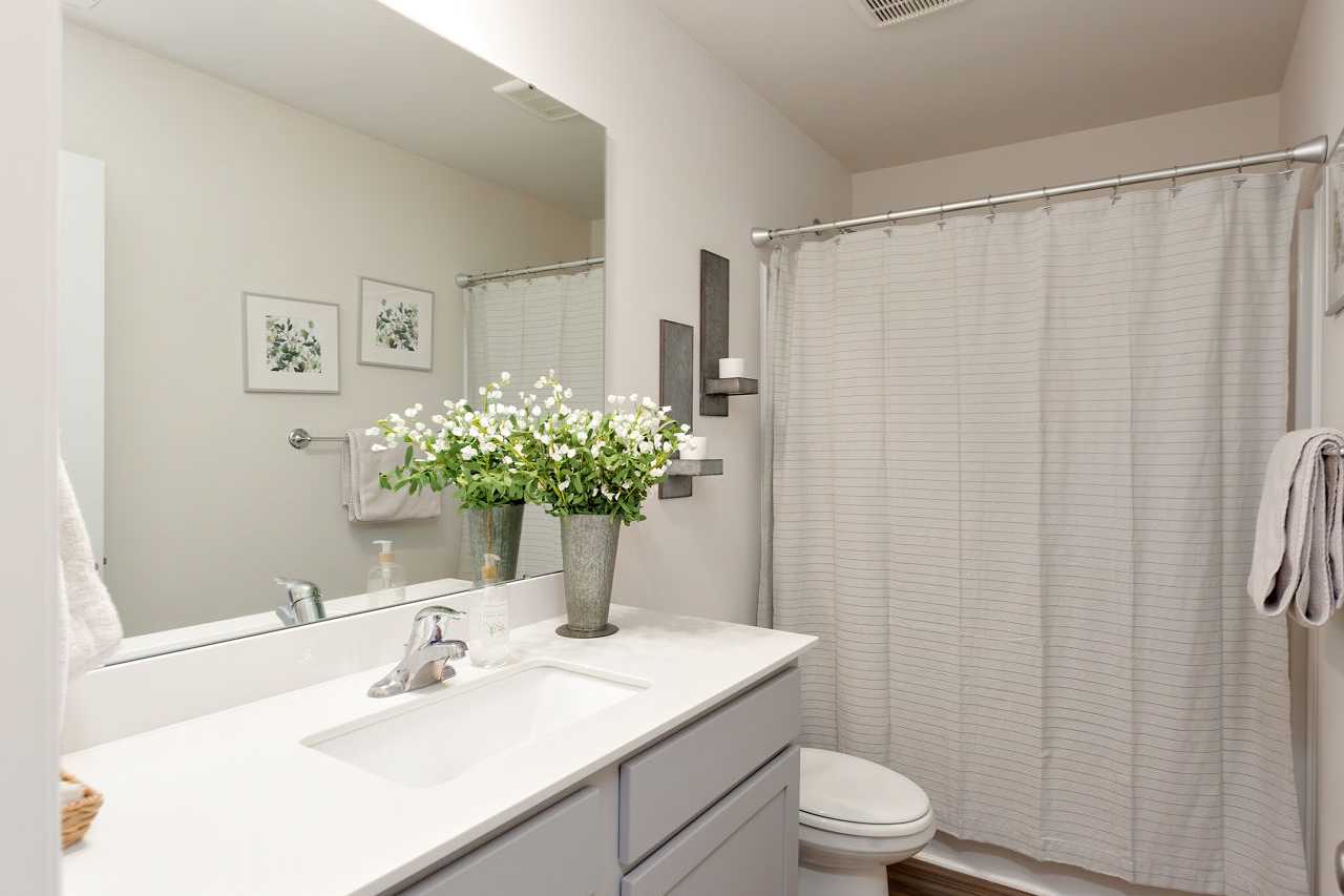 Spacious master bathroom in The Franklin showcasing white vanity, single sink, frameless mirror, and walk-in shower with floral accents