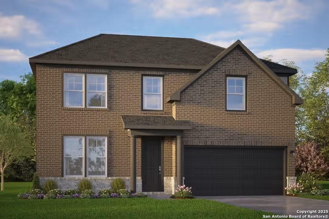 Two-story brick home with gabled roof, 2-car garage, and front landscaping in Bricewood, San Antonio, Texas - Davidson Homes The Murray J