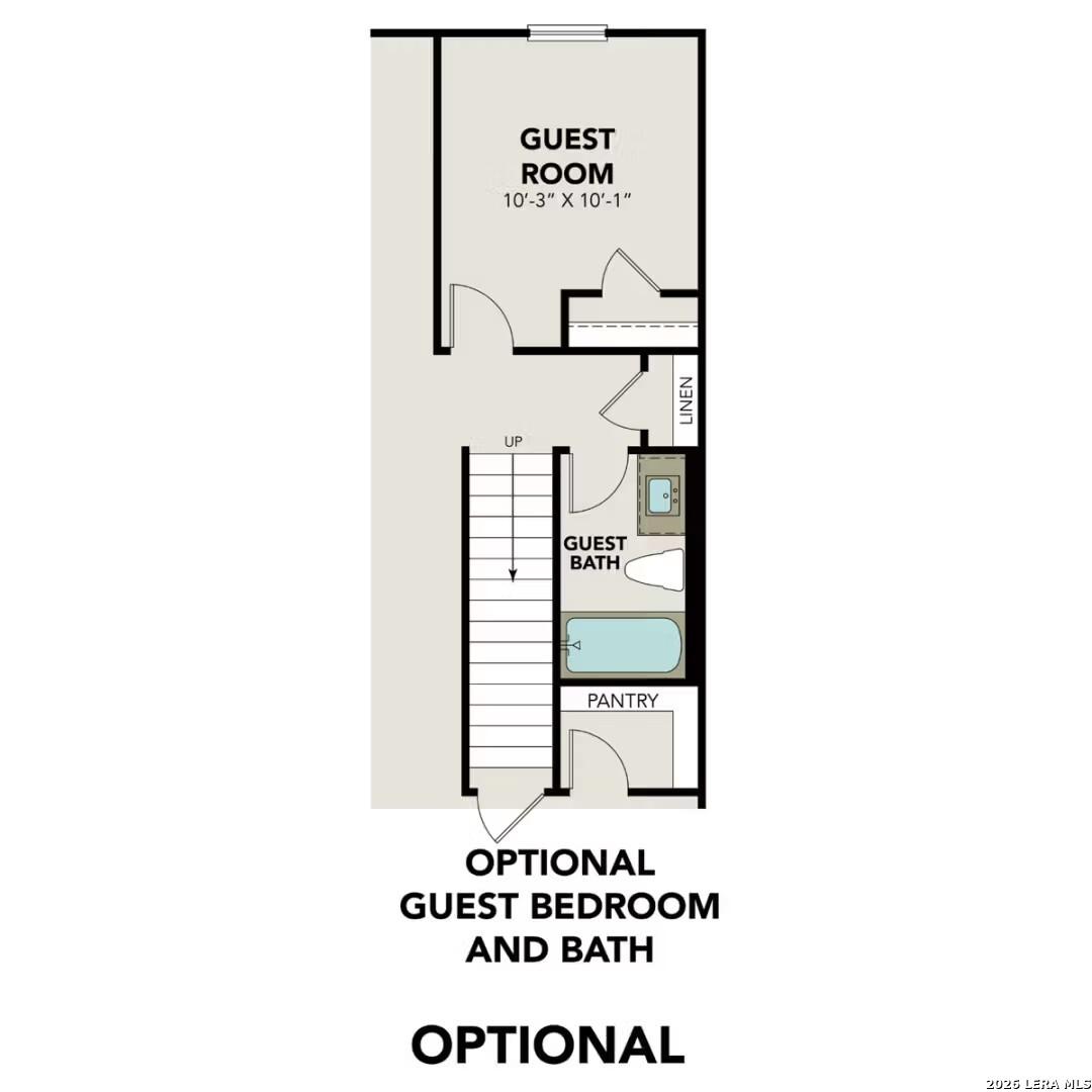 Optional guest bedroom floor plan with 10x10 room, adjacent bath featuring tub and toilet, linen closet, pantry in The Gillian A, San Antonio