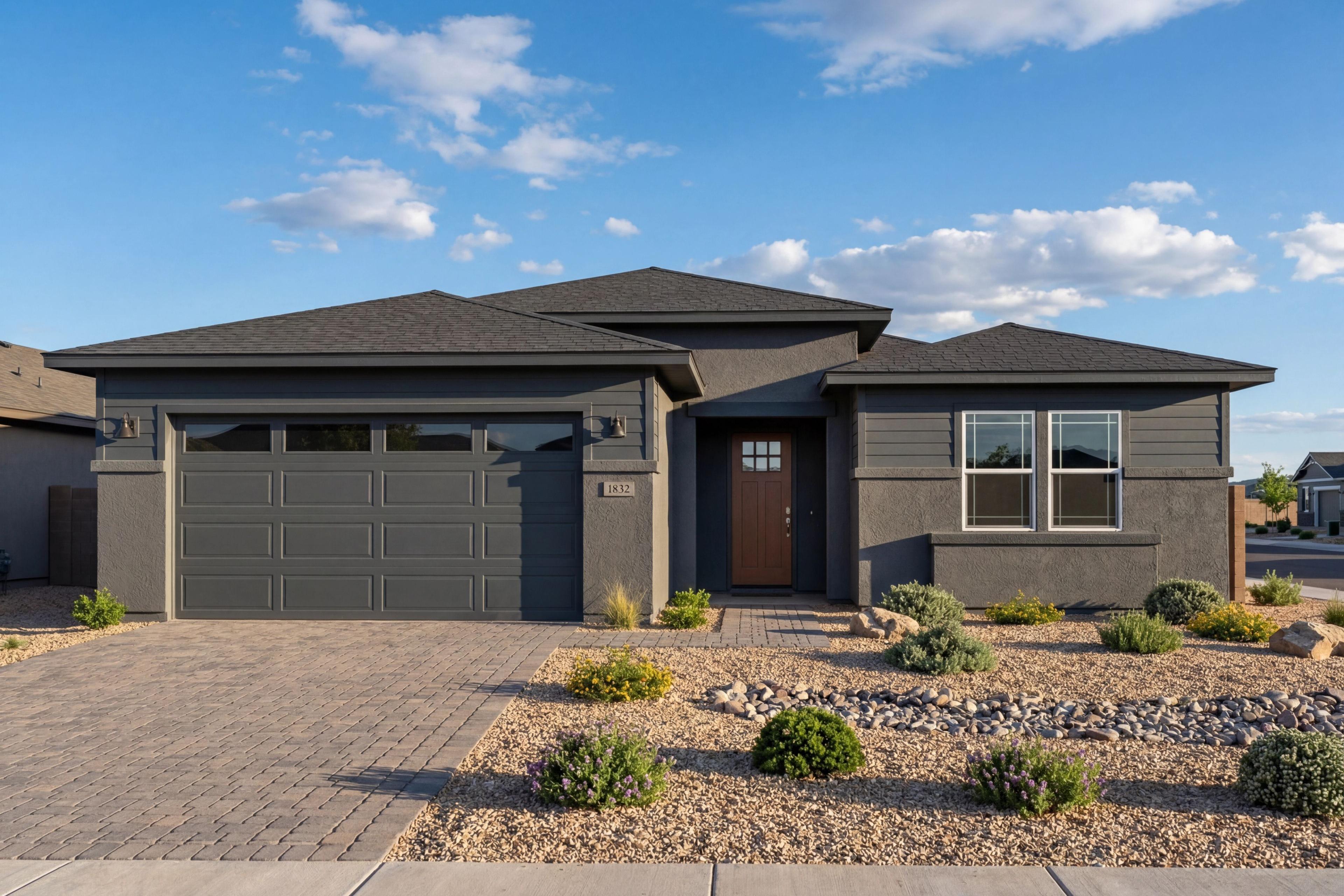Modern dark grey exterior of The Durango II home design in Prescott, Arizona featuring a 3-car garage and desert landscape.