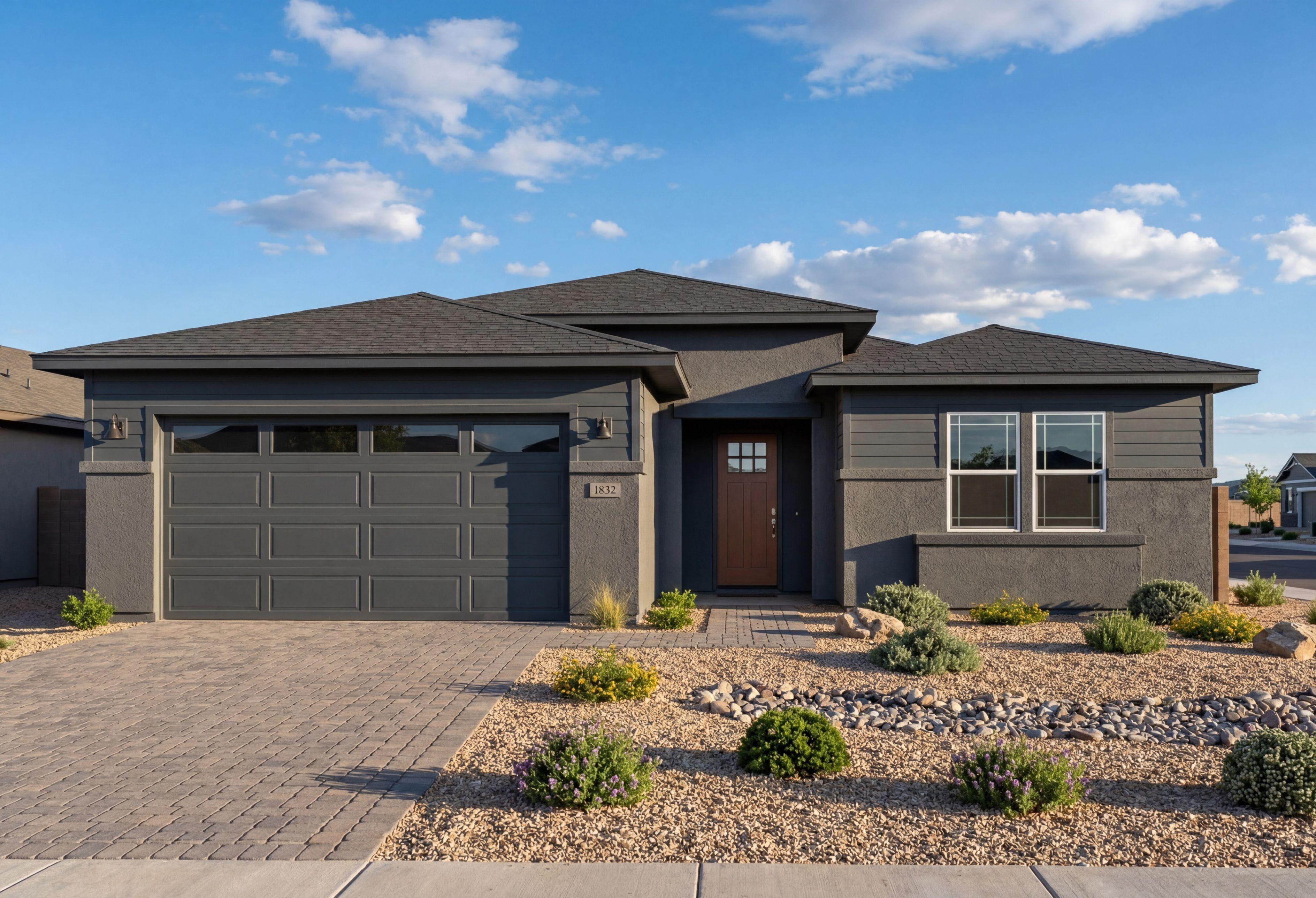 Modern dark grey exterior of The Durango II home design in Prescott, Arizona featuring a 3-car garage and desert landscape.