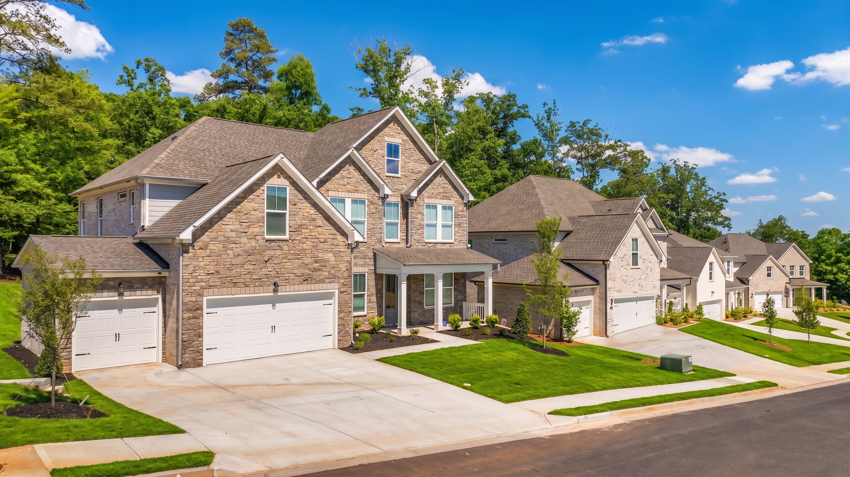 Stone exterior homes at Melody Lakeside Estates in Buford, GA, built by Davidson Homes with attached garages.