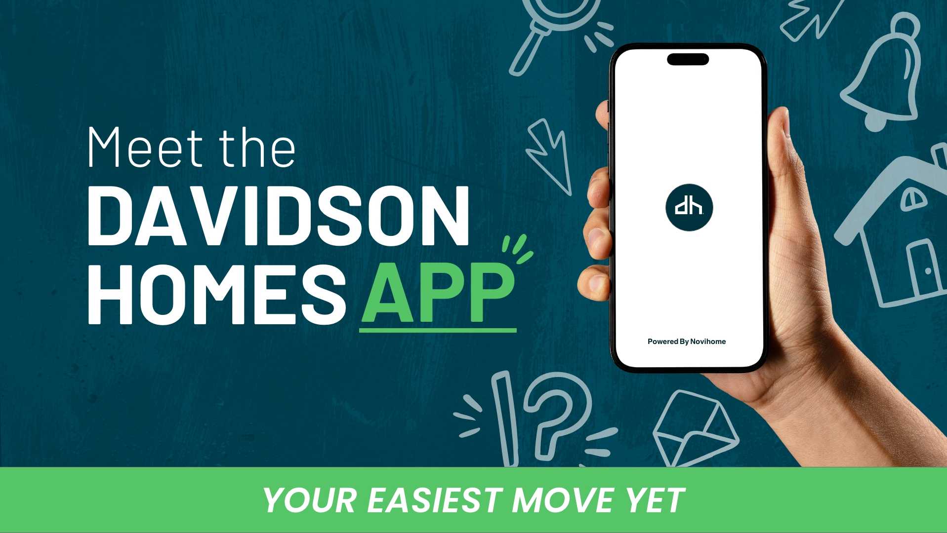 Hand holding smartphone displaying Davidson Homes App with dh logo, search, bell, and home icons on navy background