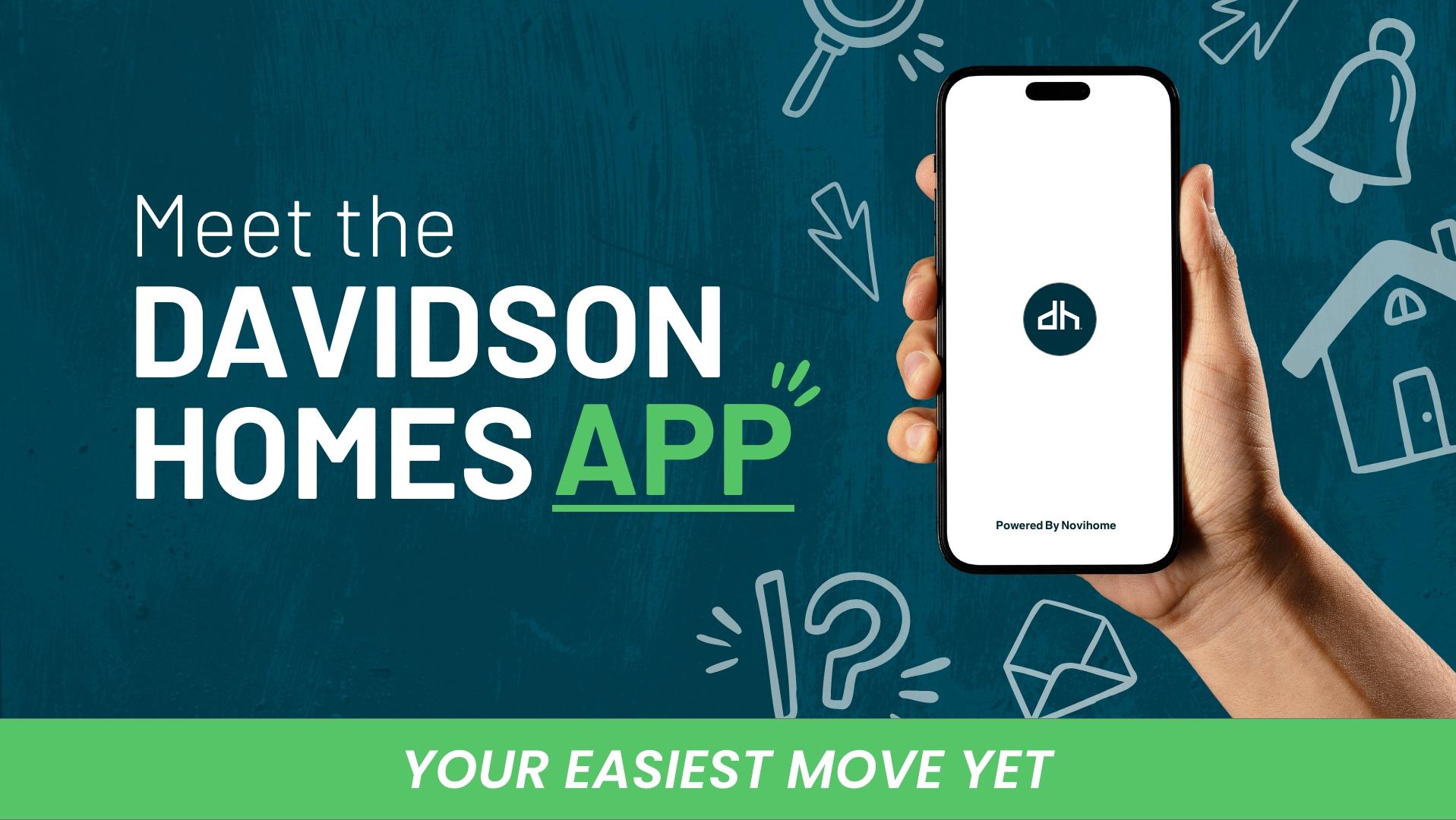 Hand holding smartphone displaying Davidson Homes App with dh logo, search, bell, and home icons on navy background
