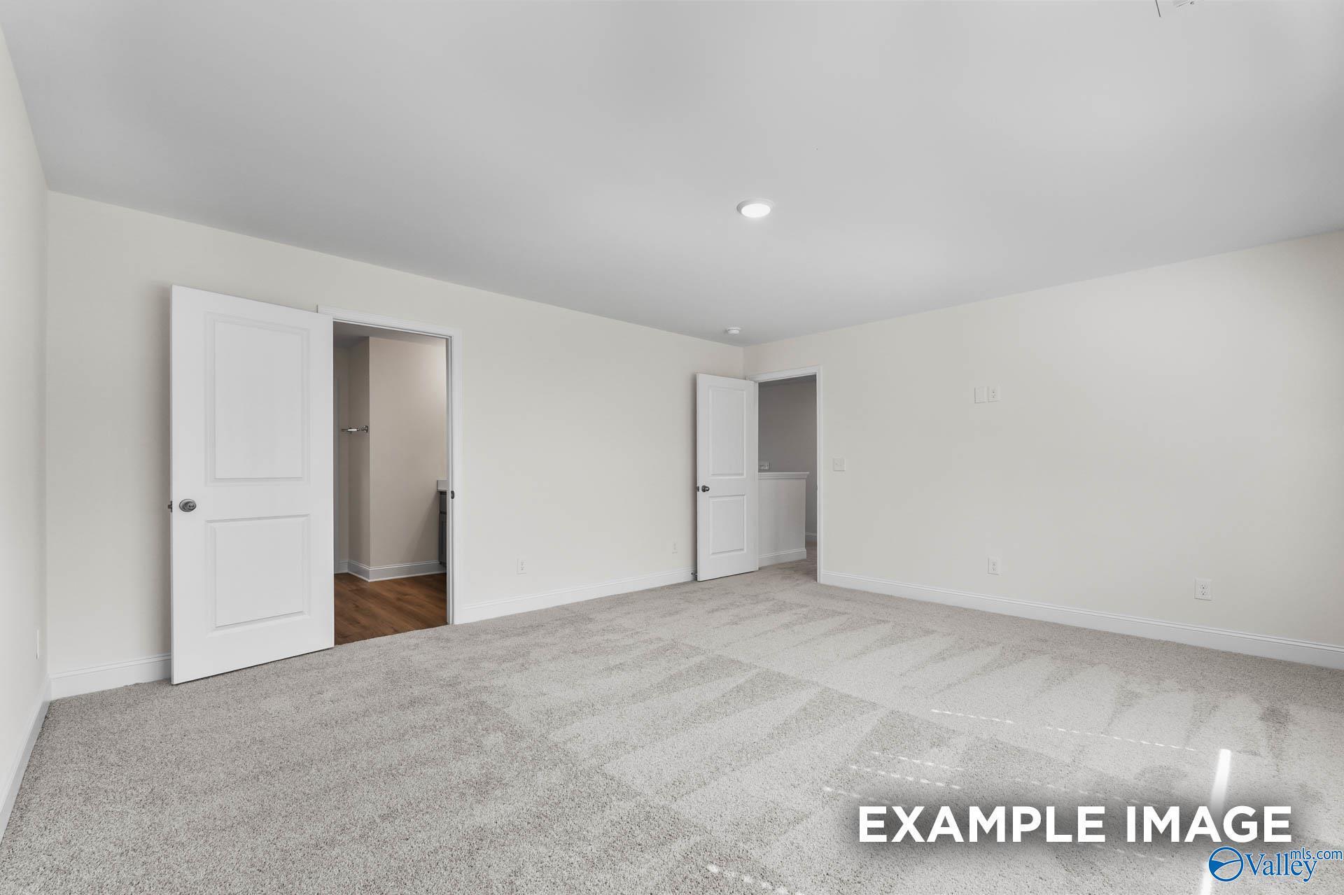 Spacious master bedroom with open doors to dual vanities in Davidson Homes The Shelby A, Hazel Green, Alabama