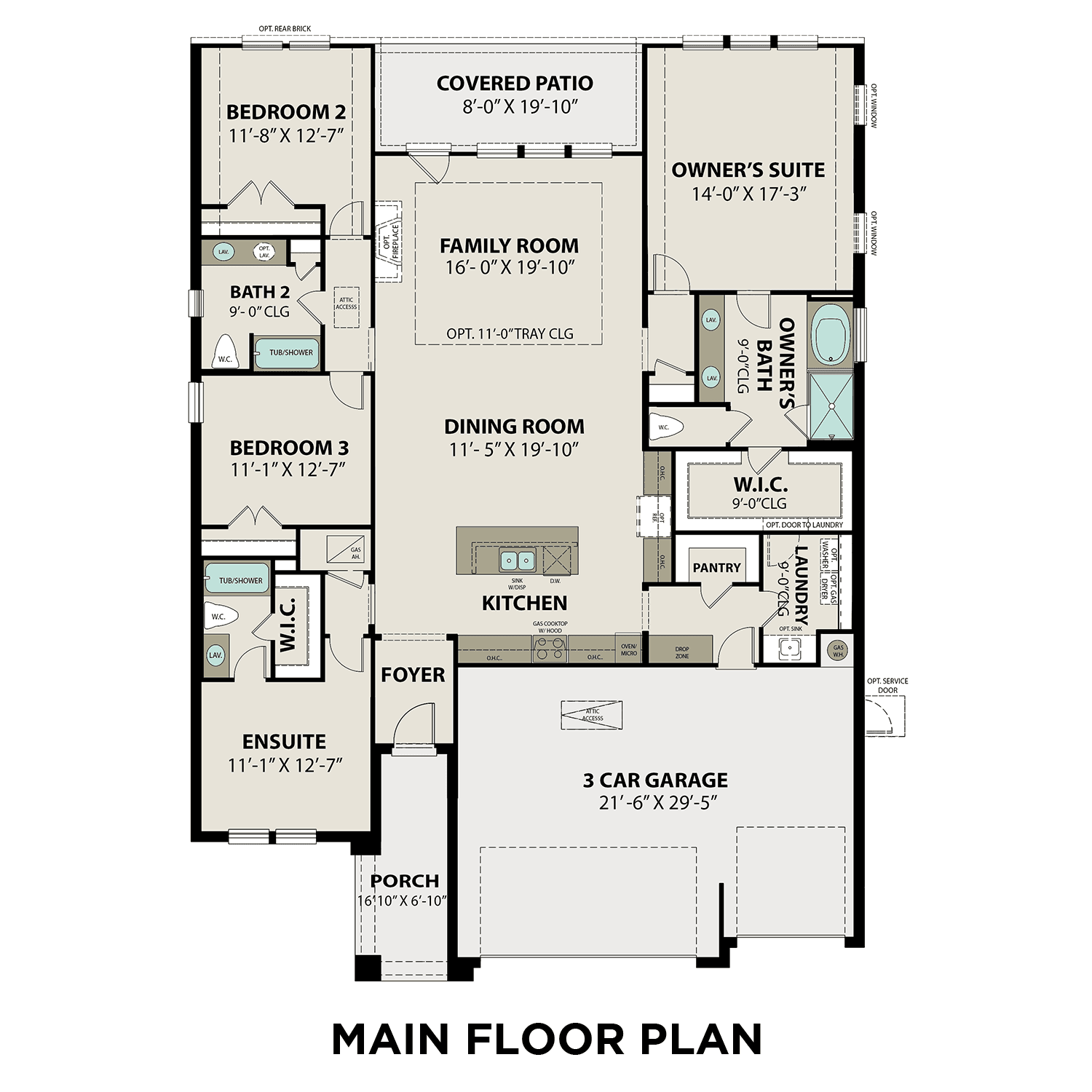 Main floor plan of The Elizabeth B showcasing 4 bedrooms, open kitchen, family room, 3 baths, and 3-car garage