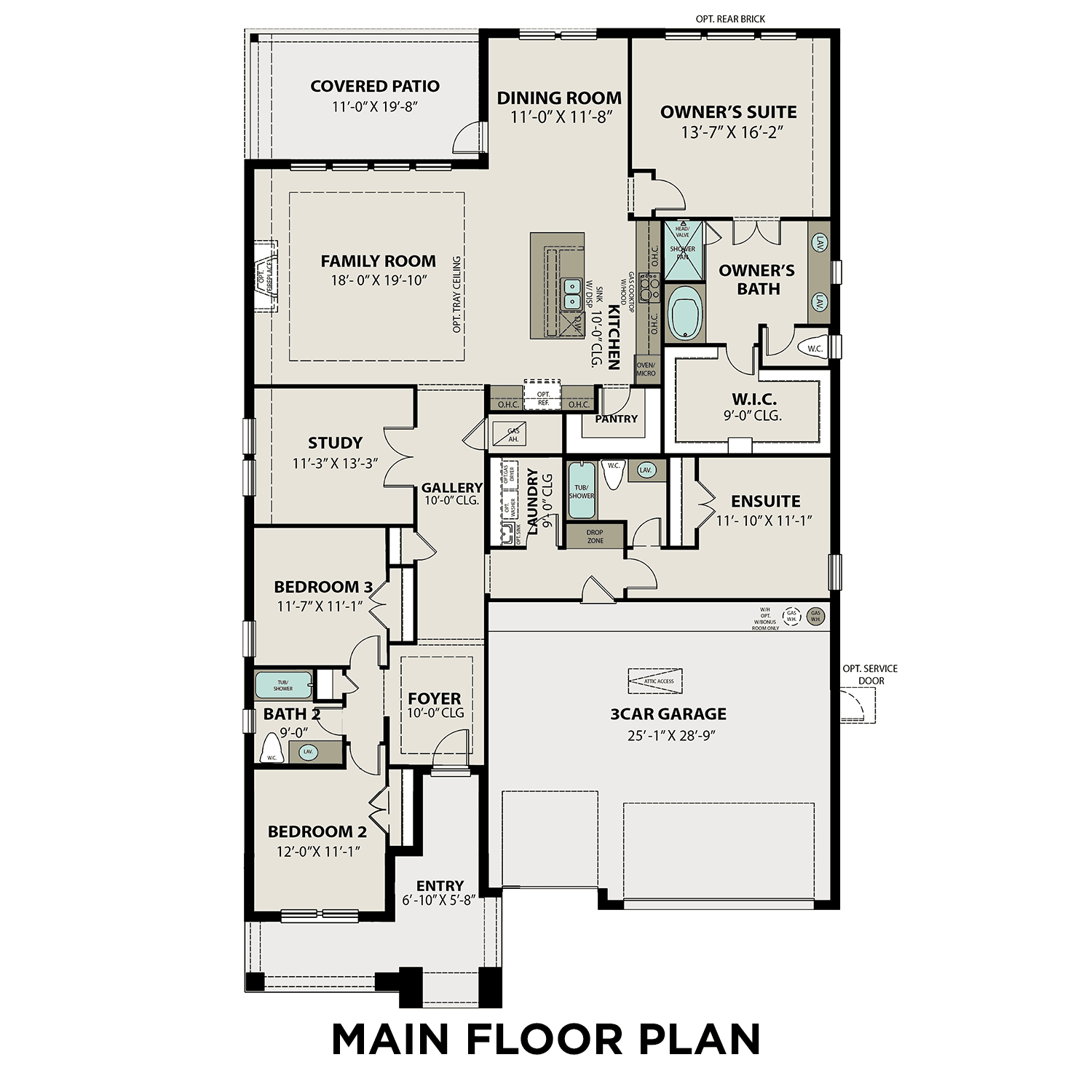 Main floor plan of The George C showcasing 4 bedrooms, owner's suite, open kitchen, family room, and 3-car garage