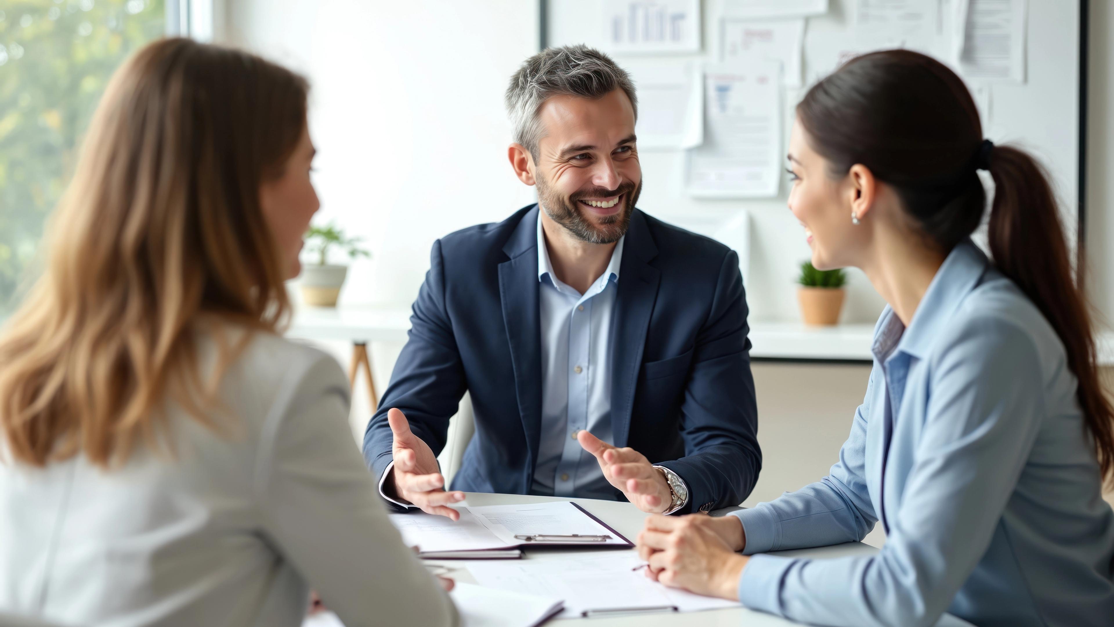 Smiling real estate advisor consulting first-time homebuyers, reviewing documents in modern office