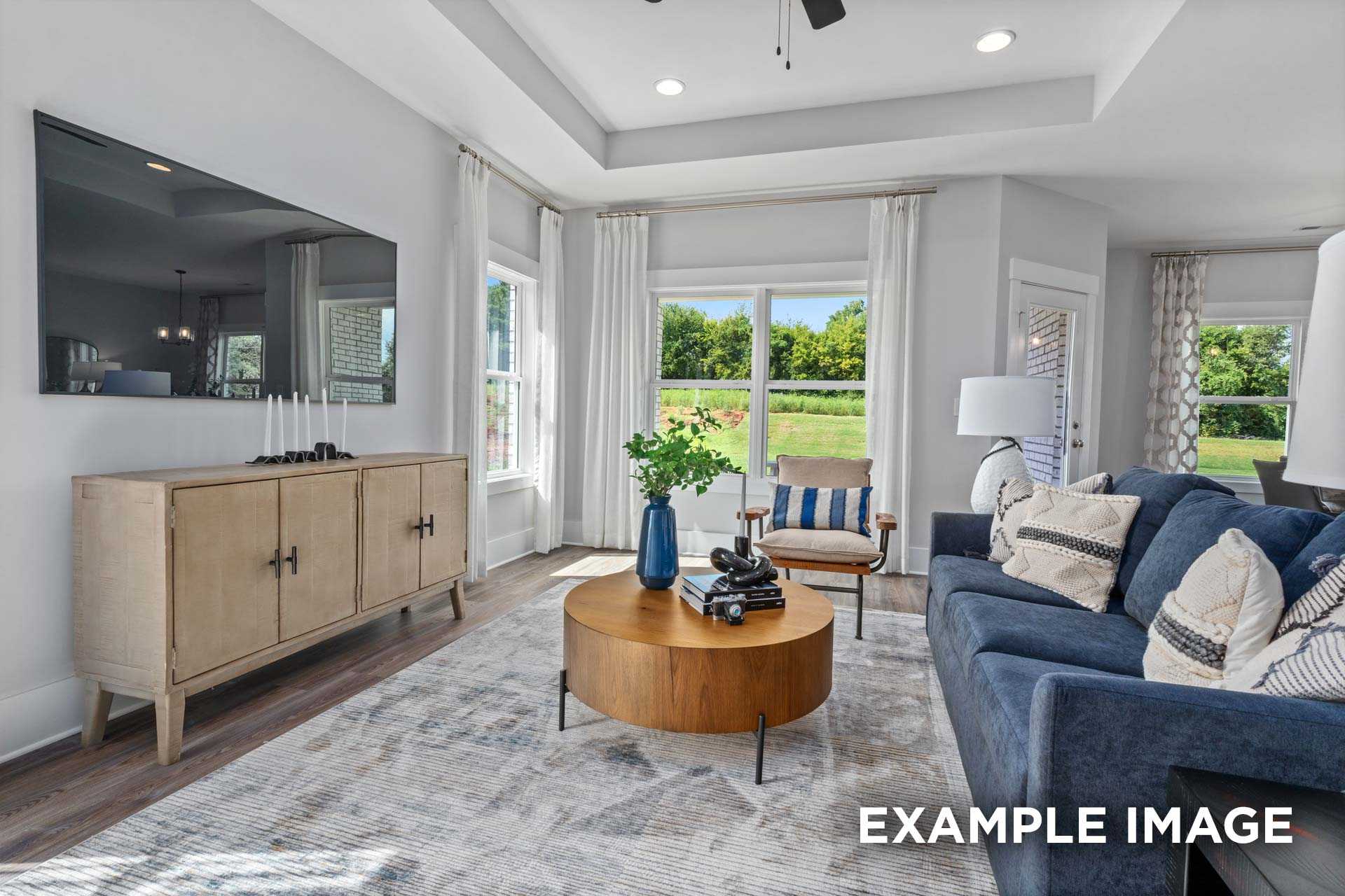 Cozy living room in The Franklin C home with blue sofa, wooden coffee table, potted plant, and large windows to green views