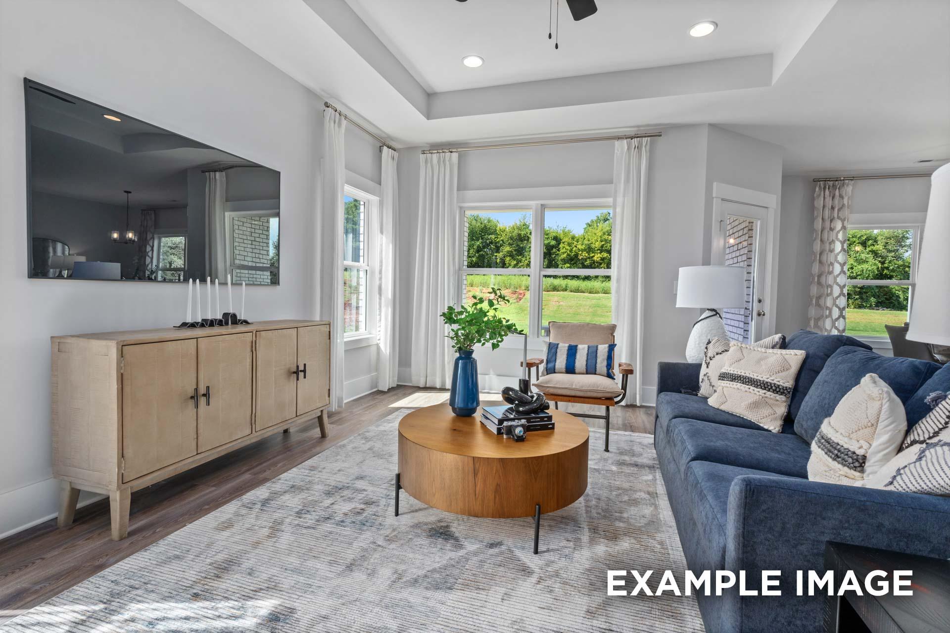 Cozy living room in The Franklin C home with blue sofa, wooden coffee table, potted plant, and large windows to green views