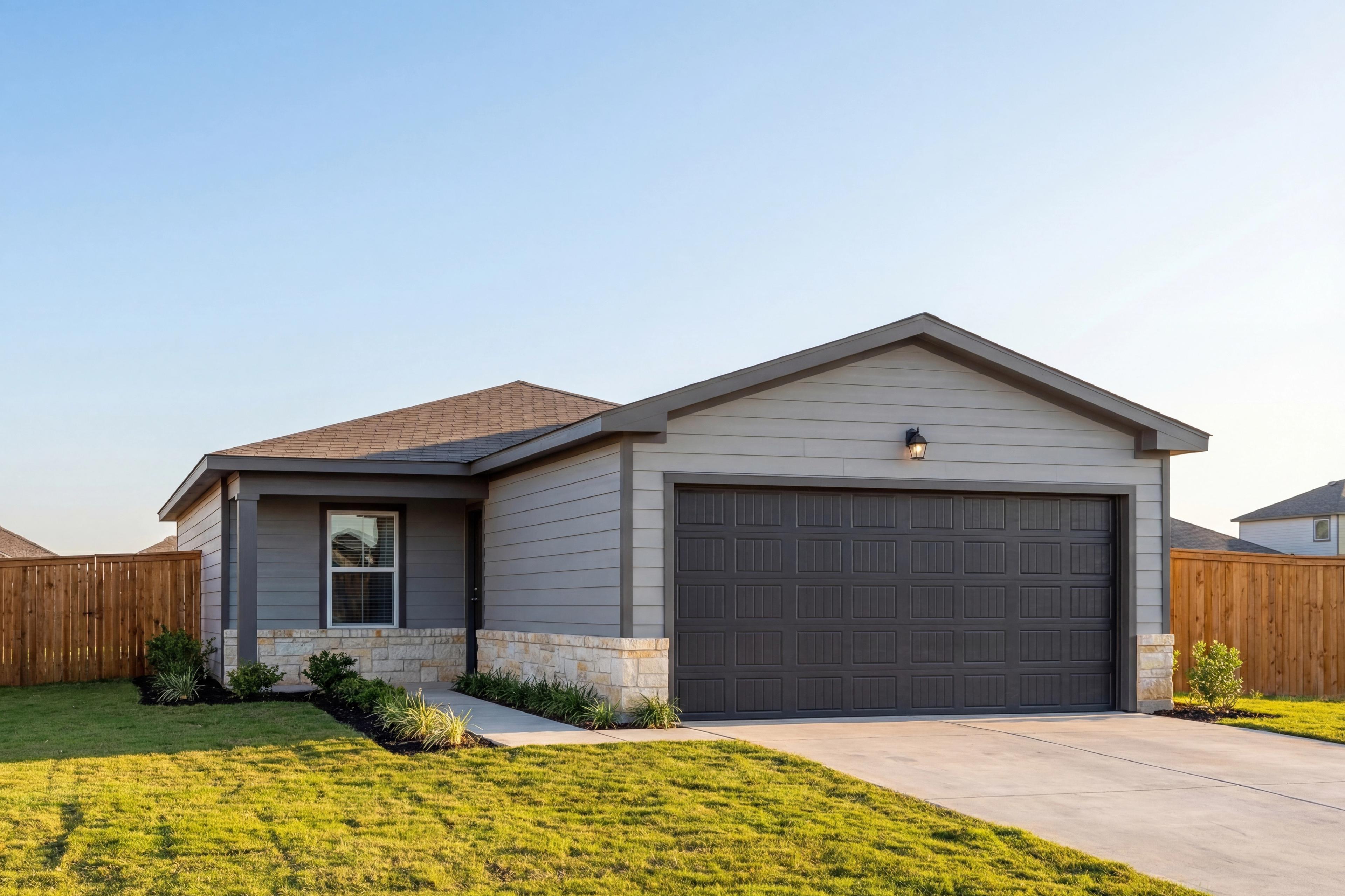 The Comal C single-story home elevation in gray siding, 2-car garage, stone accents, and landscaped yard in San Antonio