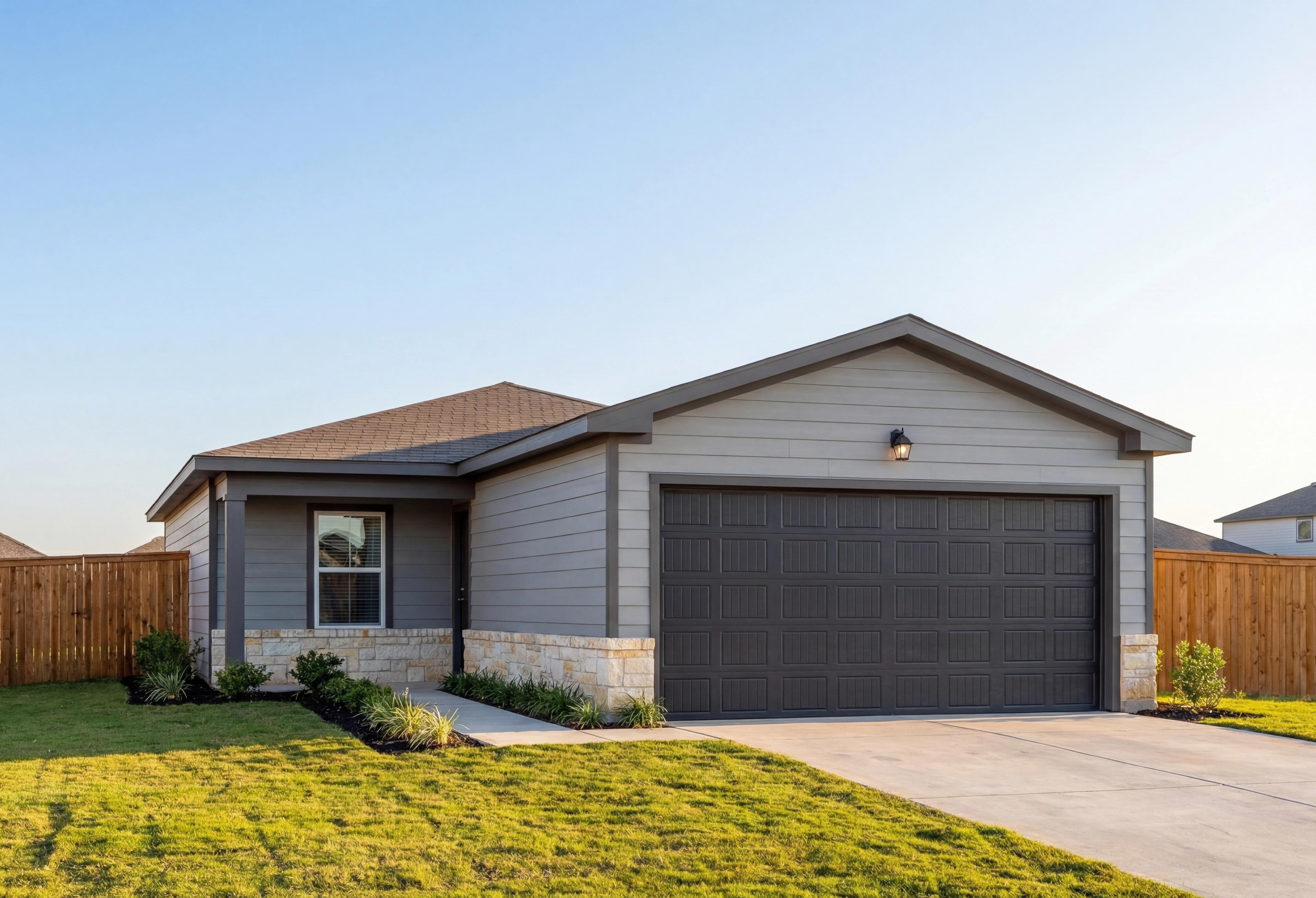 The Comal C single-story home elevation in gray siding, 2-car garage, stone accents, and landscaped yard in San Antonio